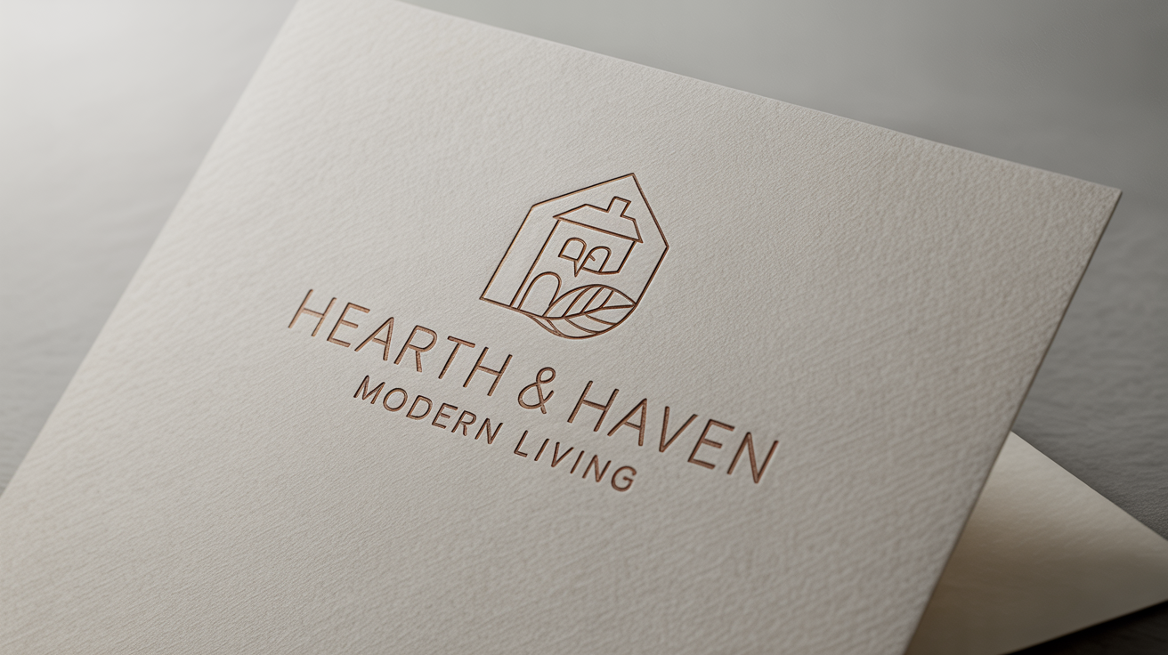 A close-up mockup of a sophisticated home decor logo for 'Hearth & Haven', elegantly rendered in gold on textured white paper against a clean white background.
