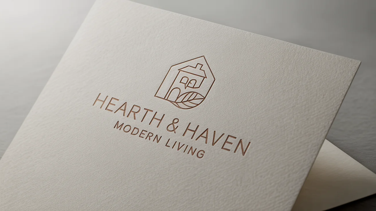 A close-up mockup of a sophisticated home decor logo for 'Hearth & Haven', elegantly rendered in gold on textured white paper against a clean white background.