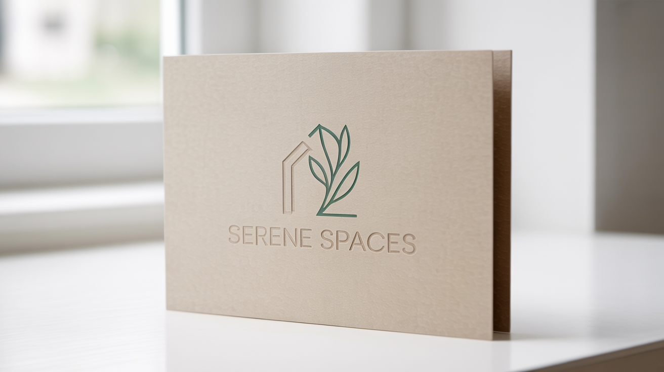 Elegant mockup of a logo for 'Serene Spaces', a home decor brand, featuring a gold house-and-leaf icon on textured cardstock against a white background.
