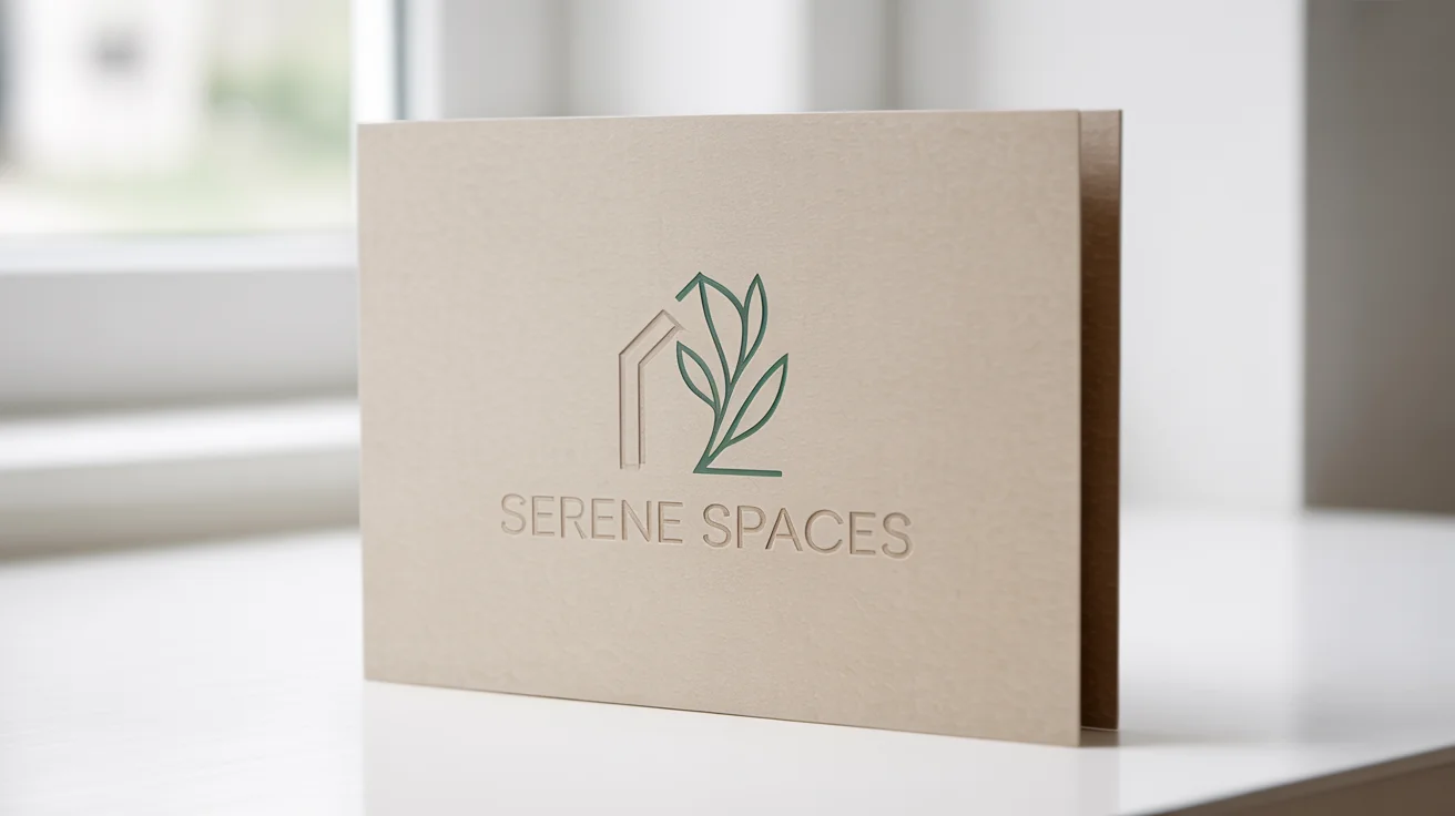 Elegant mockup of a logo for 'Serene Spaces', a home decor brand, featuring a gold house-and-leaf icon on textured cardstock against a white background.