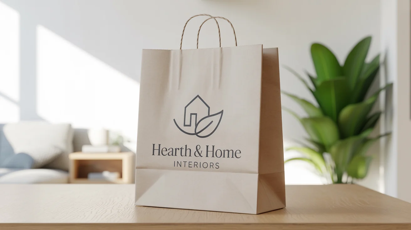 A mockup of a home decor logo for 'Hearth & Home Interiors' printed on a high-end paper shopping bag, set against a bright, minimalist background.