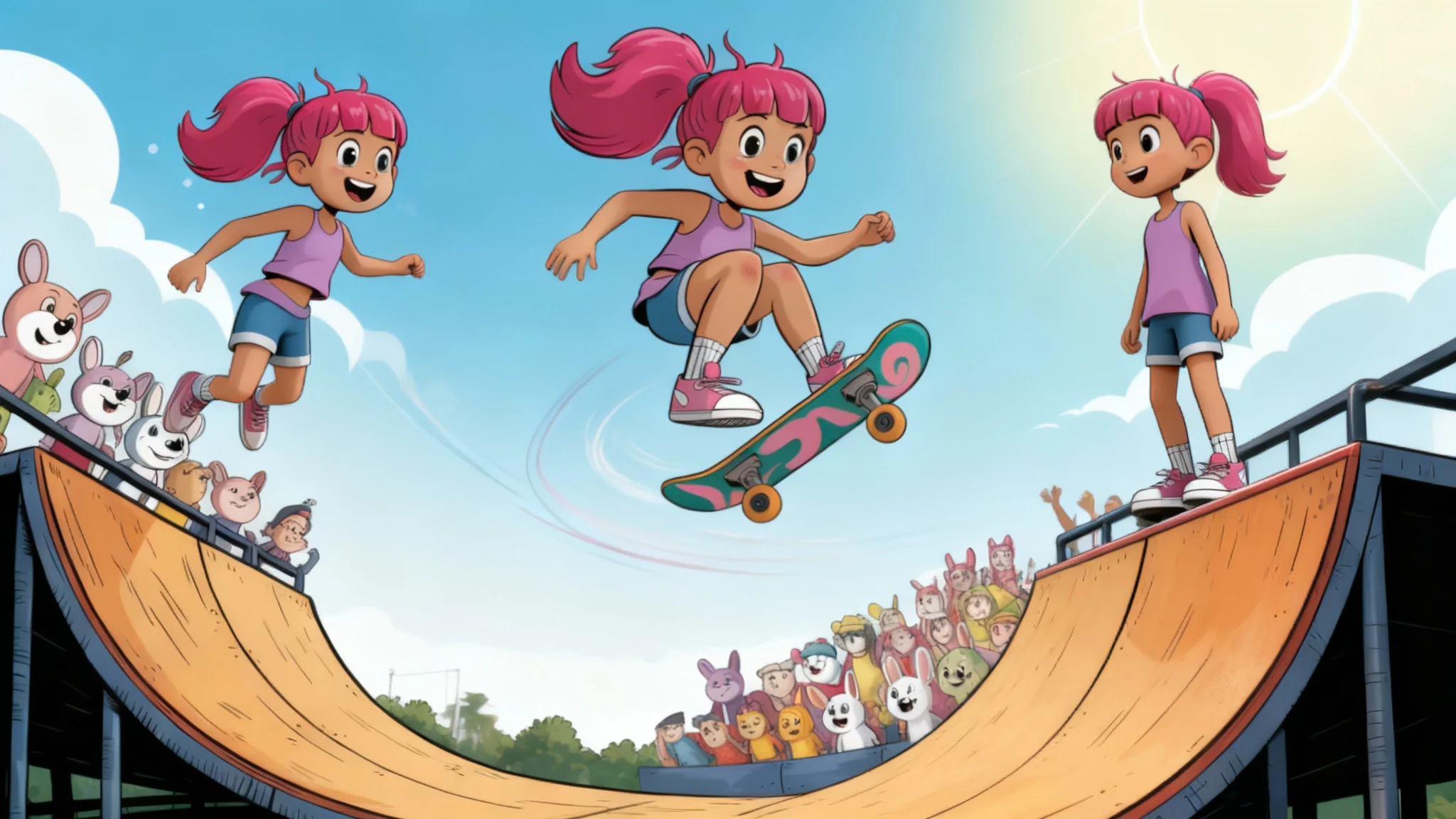An animation sequence of a cartoon girl with pink hair skateboarding, shown in three keyframes from launching off a ramp to landing a trick, demonstrating the final animated result.