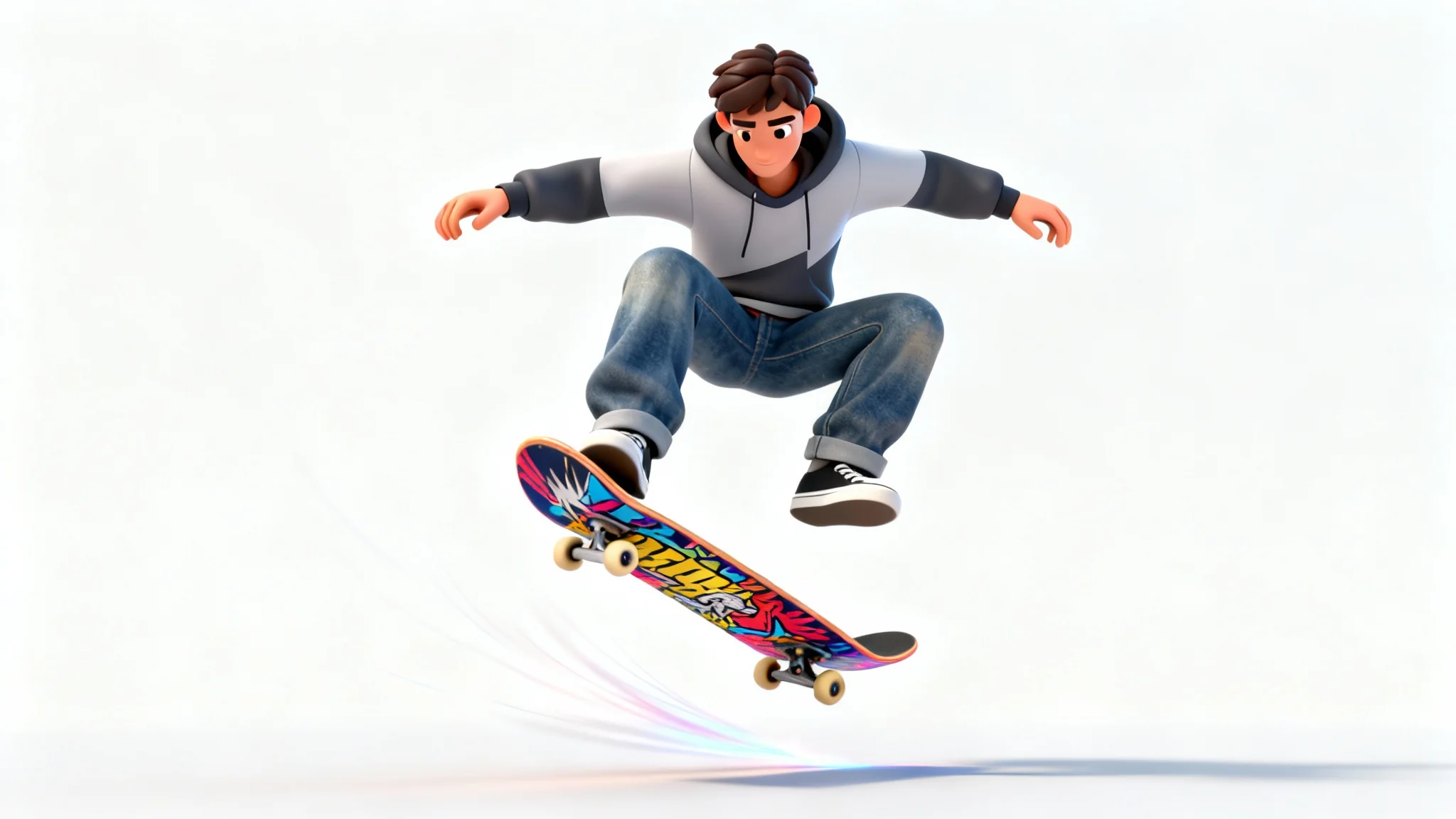 A 3D animation still of a skateboarder captured mid-air while performing a trick against a clean white background.