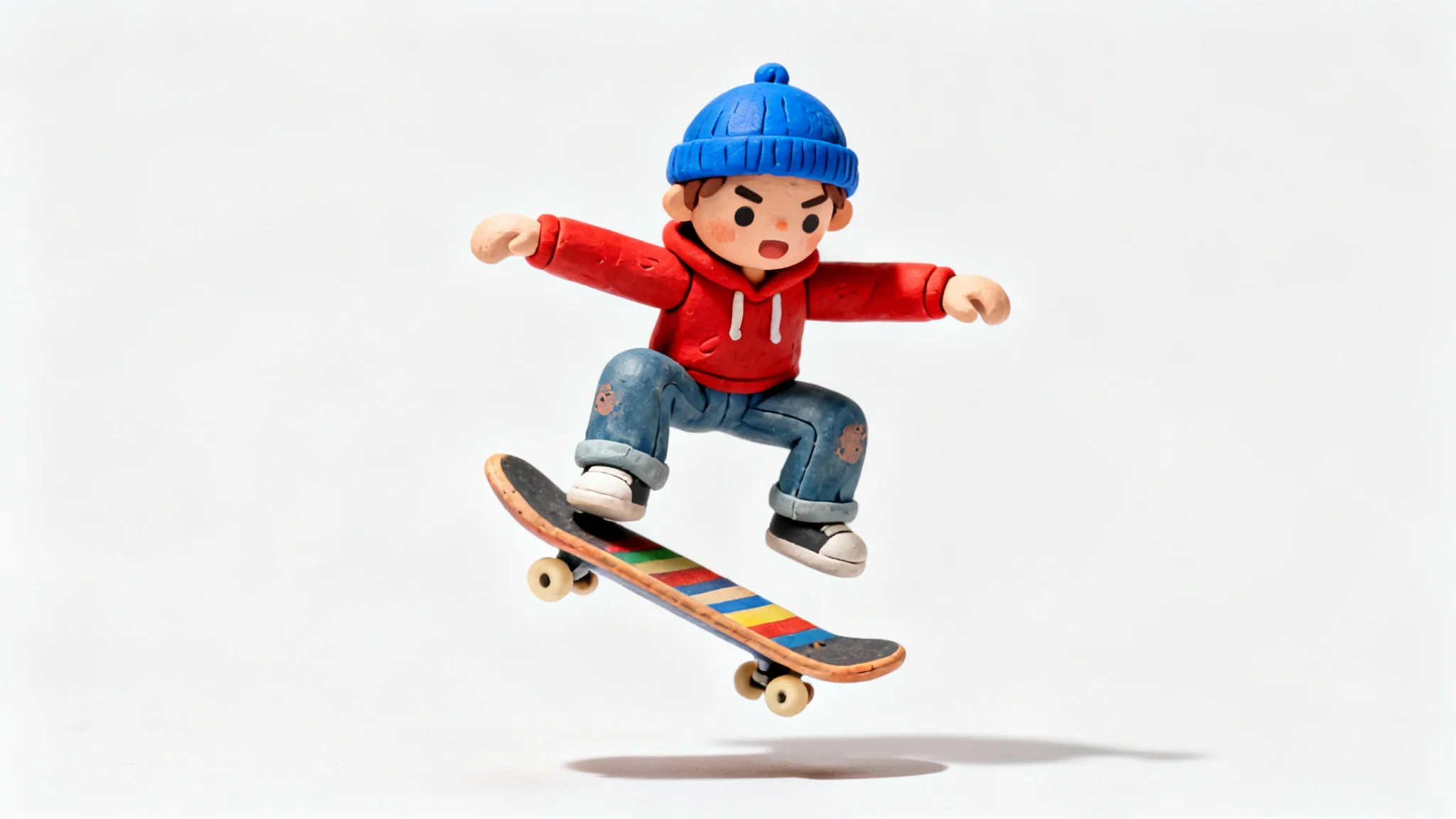A claymation-style animation of a skateboarder doing a trick in mid-air against a clean white background, showcasing a stop-motion effect.