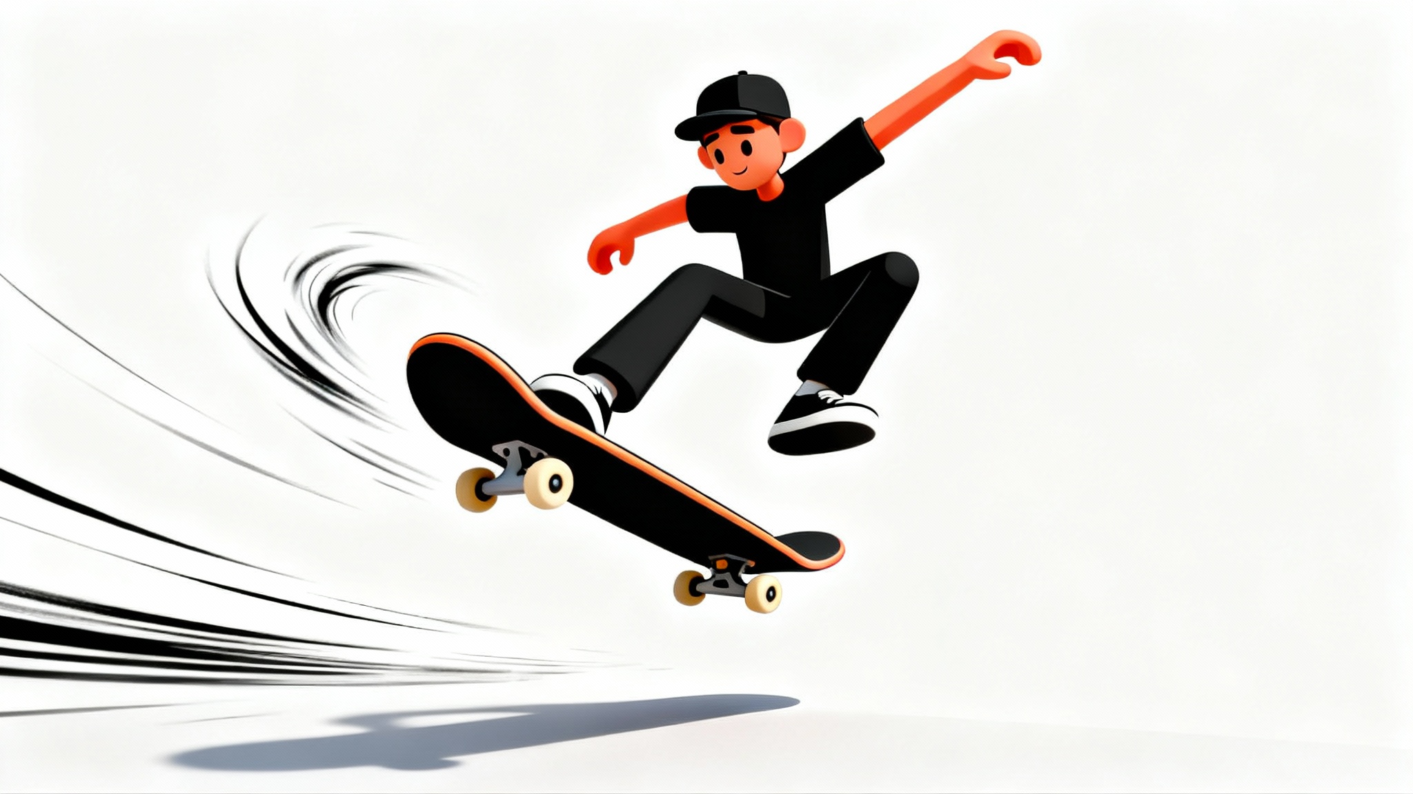 An animated-style depiction of a skateboarder frozen in mid-air while performing a trick, with motion lines emphasizing the movement, all set against a plain white background.