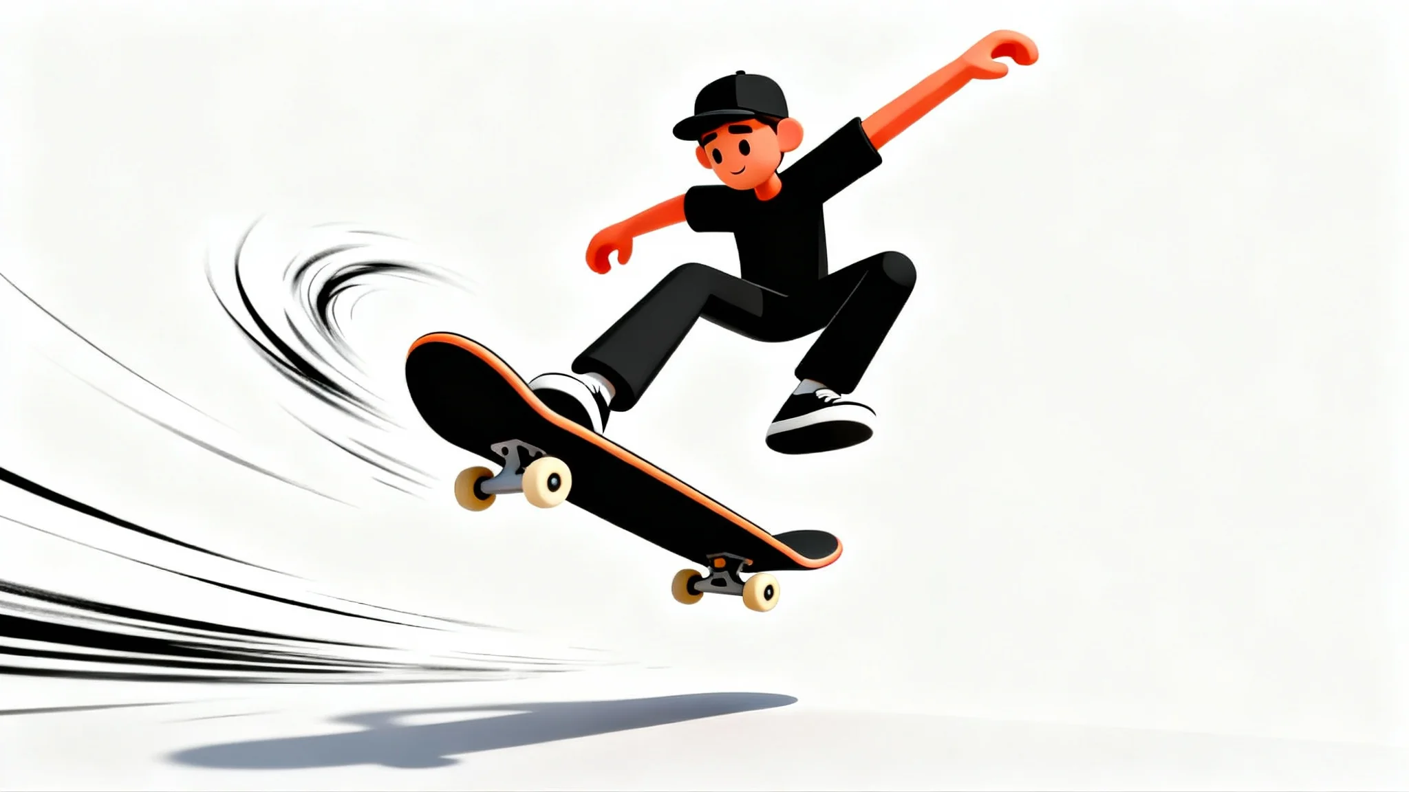 An animated-style depiction of a skateboarder frozen in mid-air while performing a trick, with motion lines emphasizing the movement, all set against a plain white background.