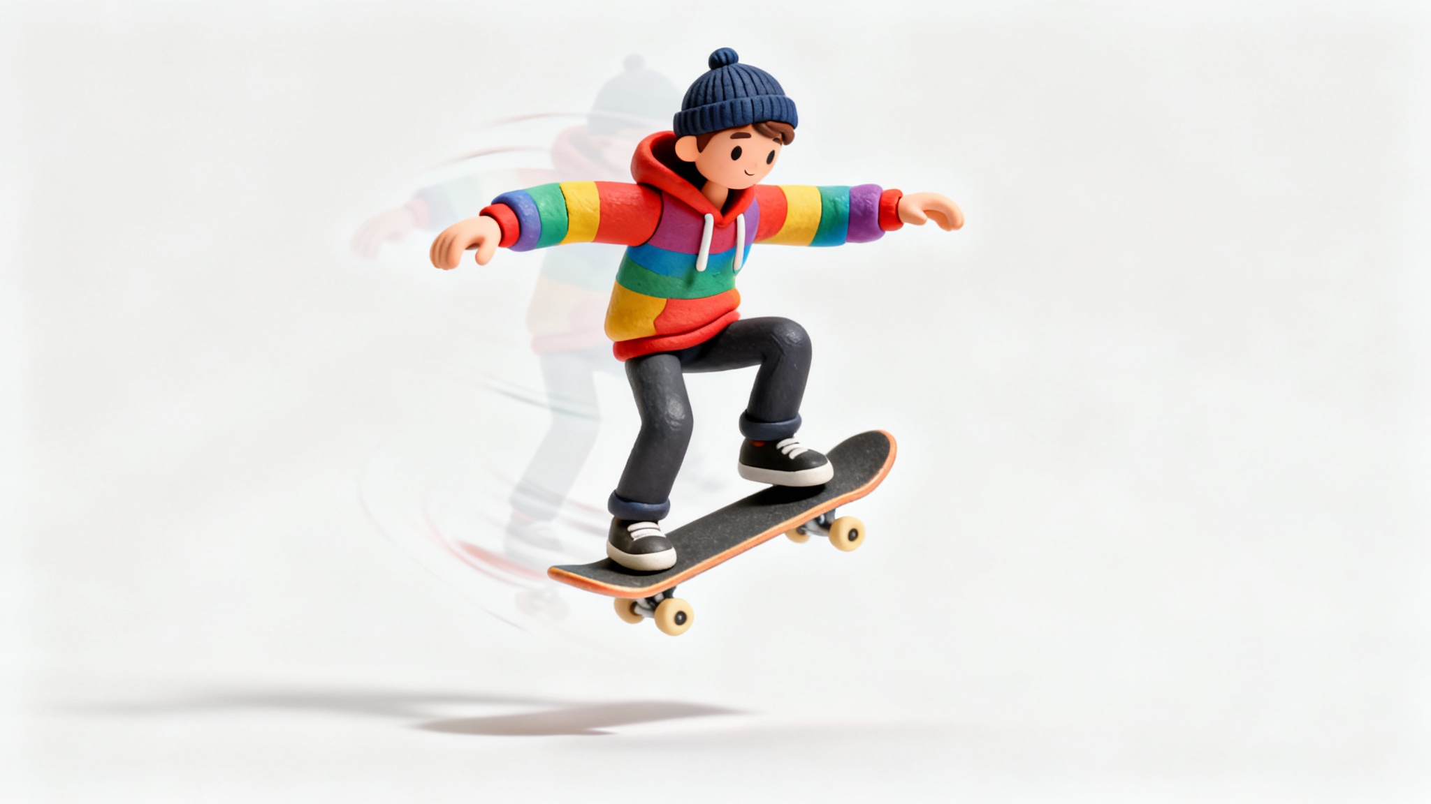 A stylized 3D animation of a skateboarder in a colorful hoodie frozen mid-air while doing a trick, with motion trails indicating movement, all against a plain white background.