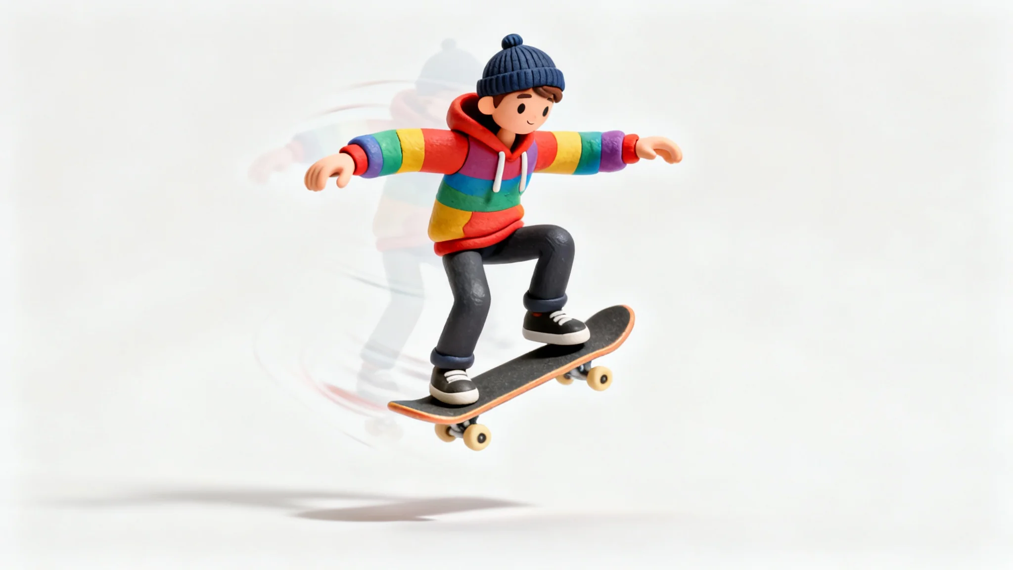 A stylized 3D animation of a skateboarder in a colorful hoodie frozen mid-air while doing a trick, with motion trails indicating movement, all against a plain white background.