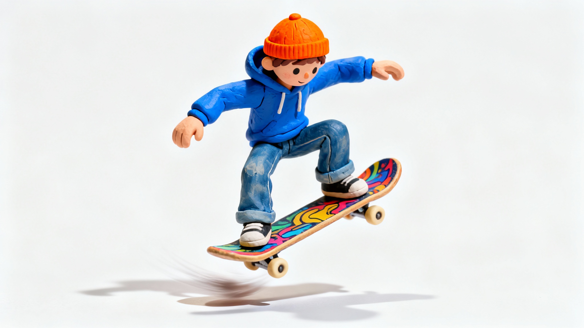 A hyper-detailed, stop-motion style claymation figure of a skateboarder in mid-air, set against a plain white background, capturing a dynamic trick.