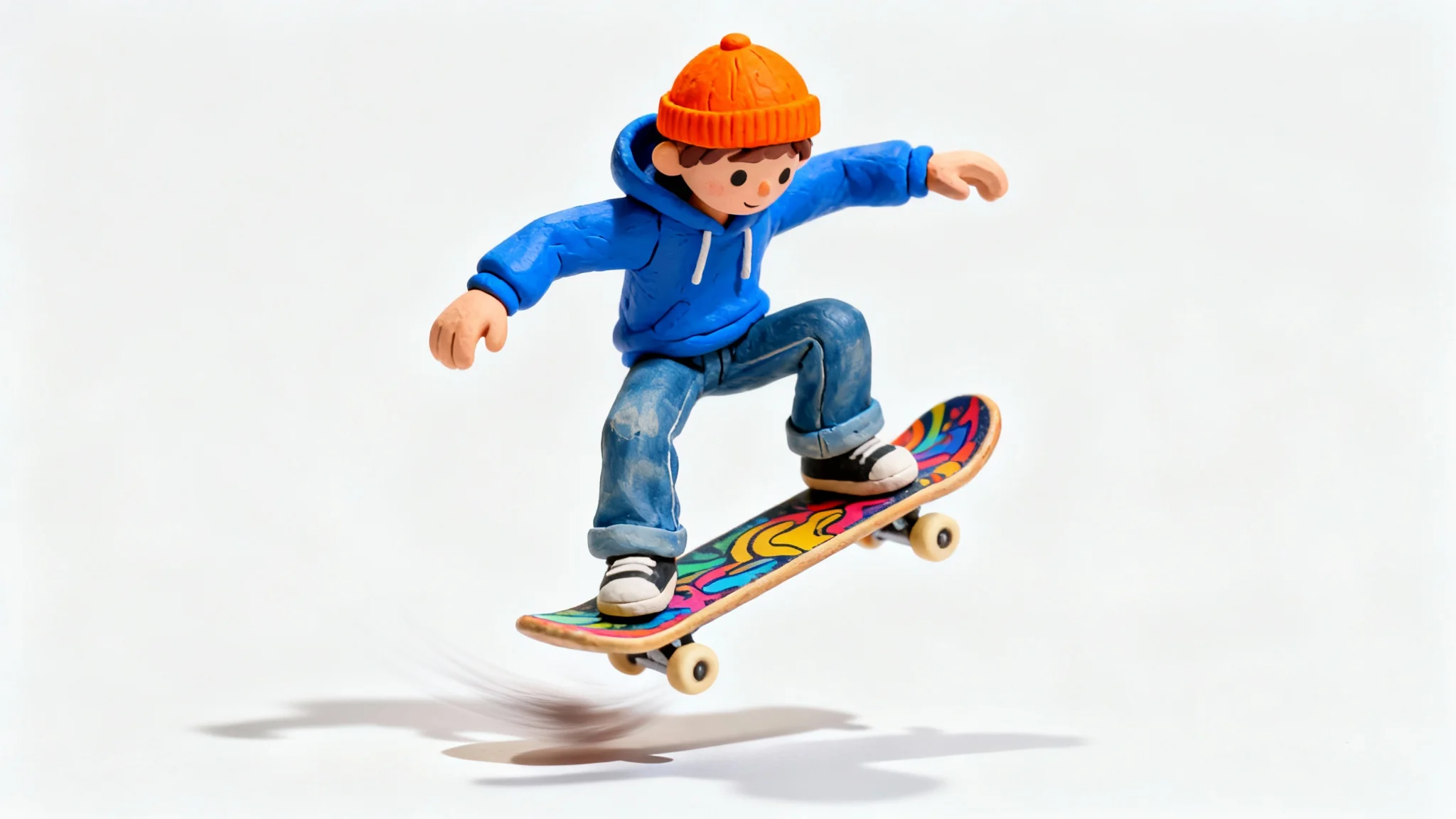 A hyper-detailed, stop-motion style claymation figure of a skateboarder in mid-air, set against a plain white background, capturing a dynamic trick.
