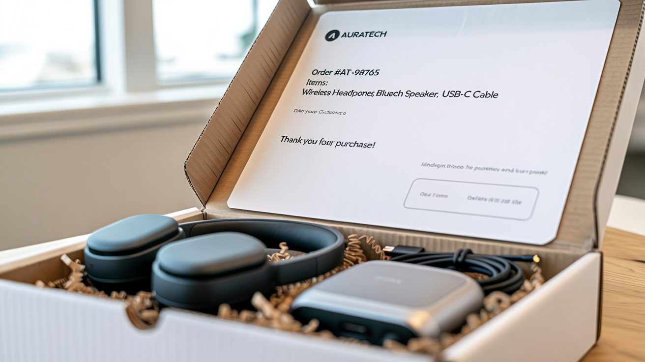 A top-down photo of an open shipping box, showing the final result of a packing slip design. Inside the box are wireless headphones, a speaker, and a cable, alongside a professionally designed packing slip with the fictional brand 'AuraTech' and a list of the items. The scene is clean, modern, and represents a premium customer experience.
