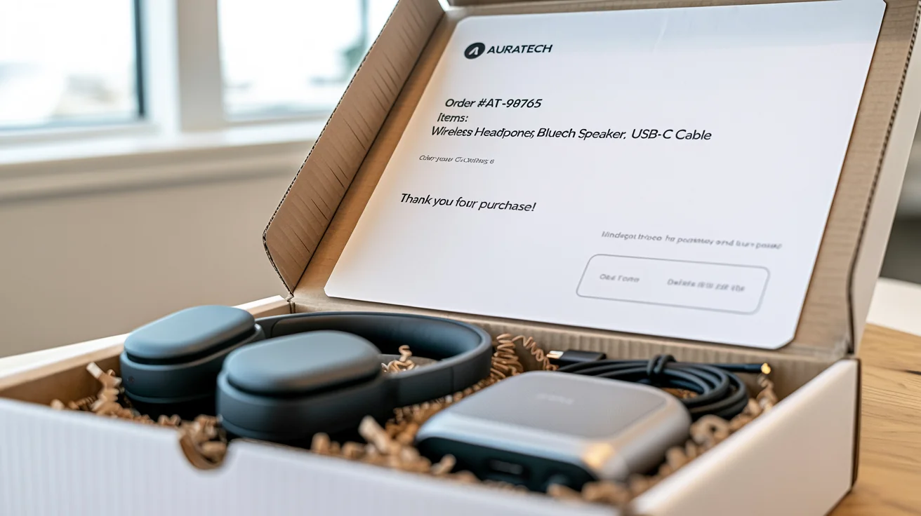 A top-down photo of an open shipping box, showing the final result of a packing slip design. Inside the box are wireless headphones, a speaker, and a cable, alongside a professionally designed packing slip with the fictional brand 'AuraTech' and a list of the items. The scene is clean, modern, and represents a premium customer experience.