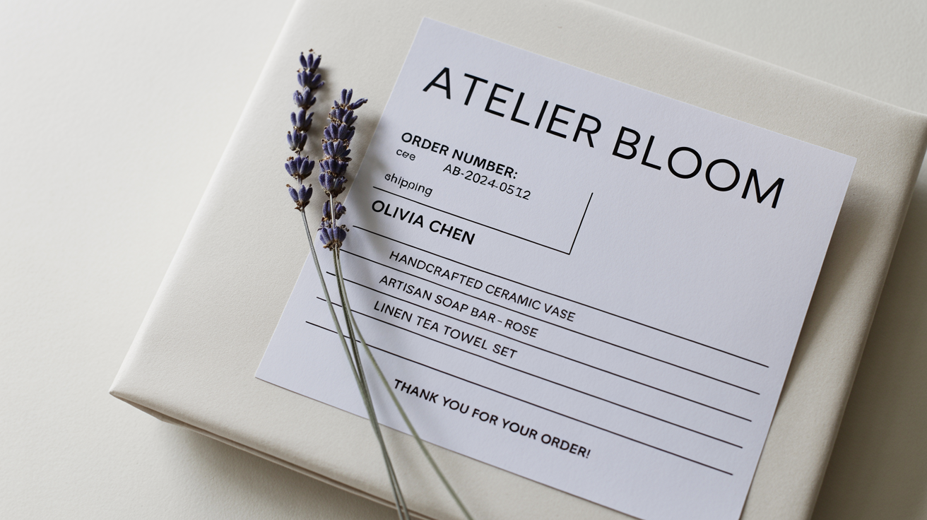 A professionally designed packing slip for a boutique brand, 'Atelier Bloom', laid flat on a white surface with a small, dried flower stem next to it.