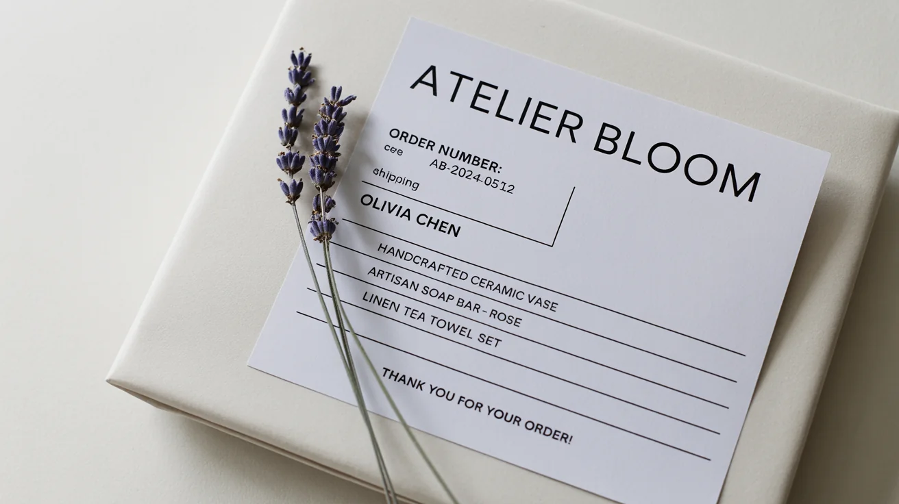 A professionally designed packing slip for a boutique brand, 'Atelier Bloom', laid flat on a white surface with a small, dried flower stem next to it.