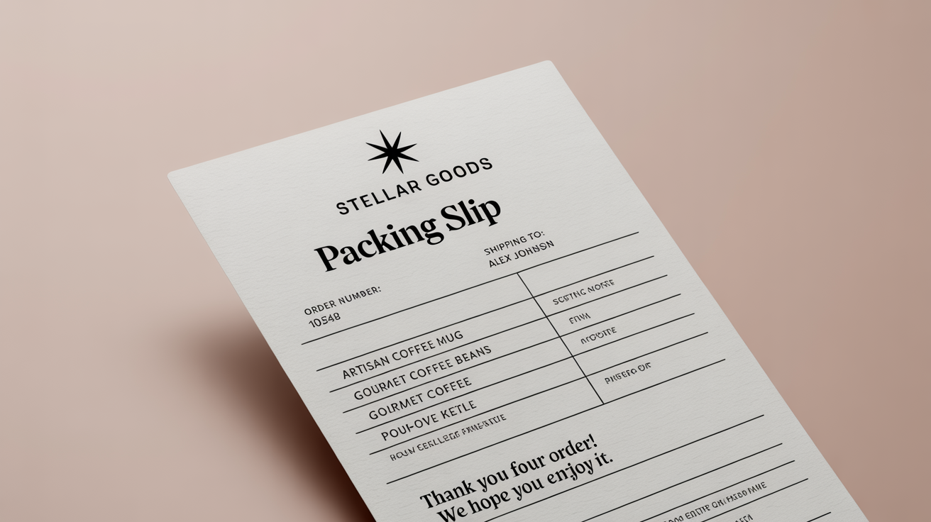 A professionally designed packing slip for an e-commerce brand called 'Stellar Goods', featuring an itemized list and a thank you note, displayed on a clean white background.