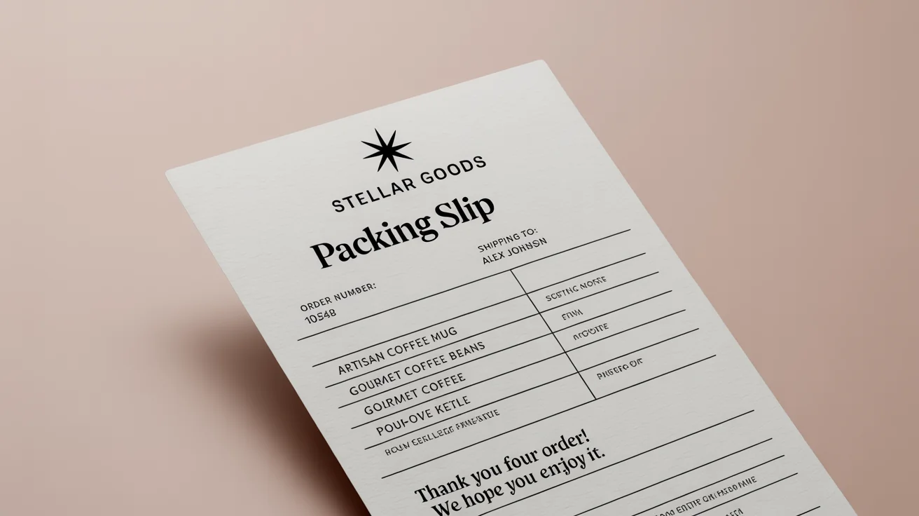A professionally designed packing slip for an e-commerce brand called 'Stellar Goods', featuring an itemized list and a thank you note, displayed on a clean white background.
