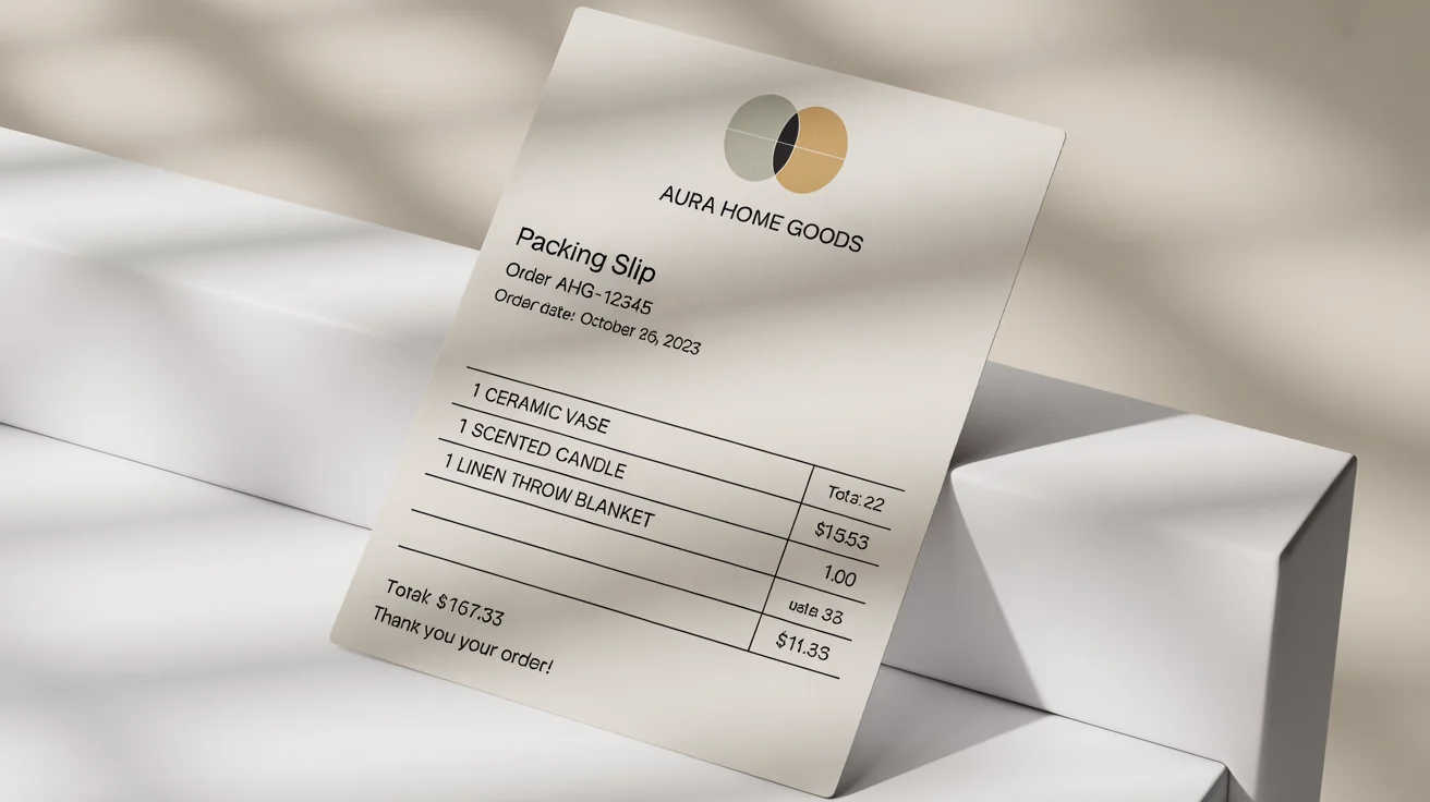 A photorealistic mockup of a clean, modern packing slip from a home goods brand, laid out on a plain white surface.