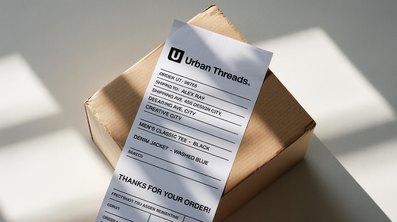 A professional mockup of a packing slip for a modern clothing brand, displayed on a clean white background. The slip shows an order number, shipping address, and a thank you note.