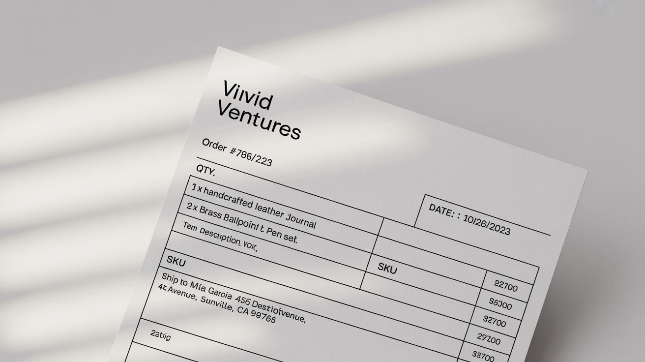 A professional and modern packing slip for a company named 'Vivid Ventures', laid out on a white surface, showing a customer's order details and an itemized list.