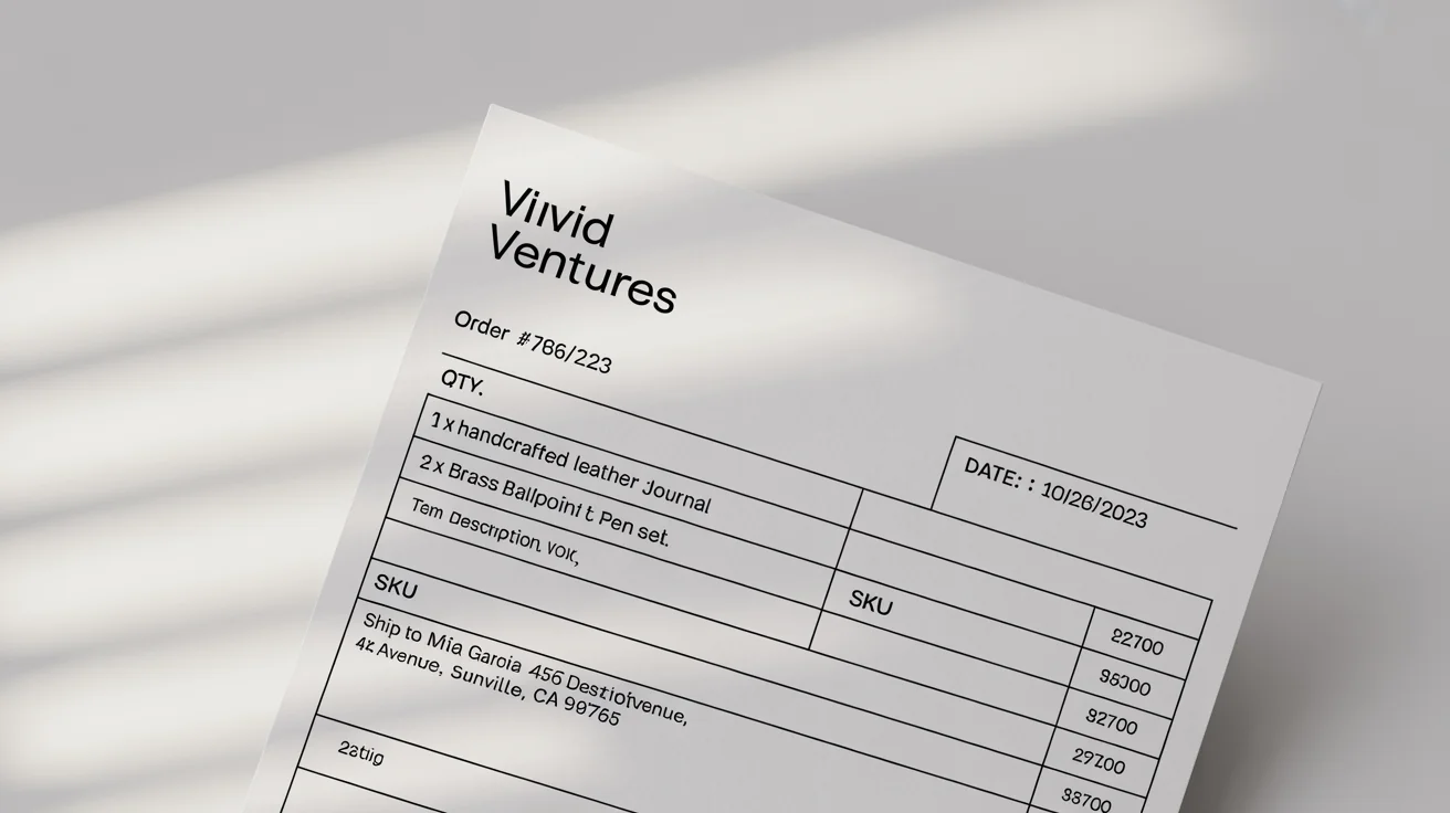 A professional and modern packing slip for a company named 'Vivid Ventures', laid out on a white surface, showing a customer's order details and an itemized list.