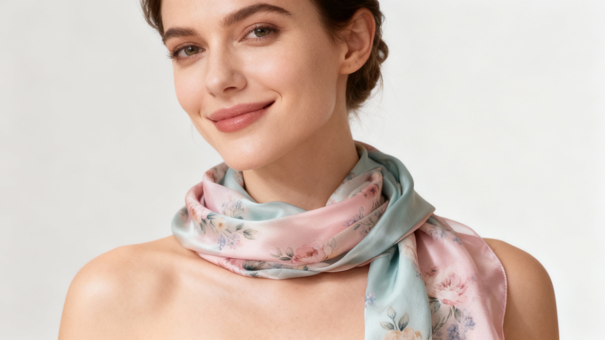 A professional photograph of a stylish woman modeling a luxurious silk scarf with an intricate pastel floral design against a clean studio background.