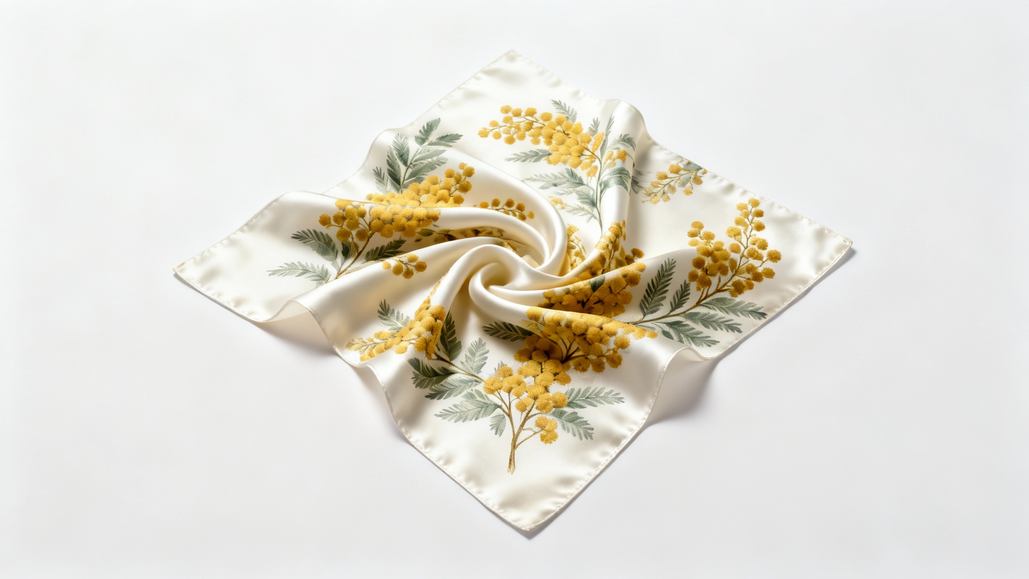 A luxurious silk scarf with a beautiful pattern of yellow flowers and green leaves, artfully draped against a clean white background to showcase its texture and design.