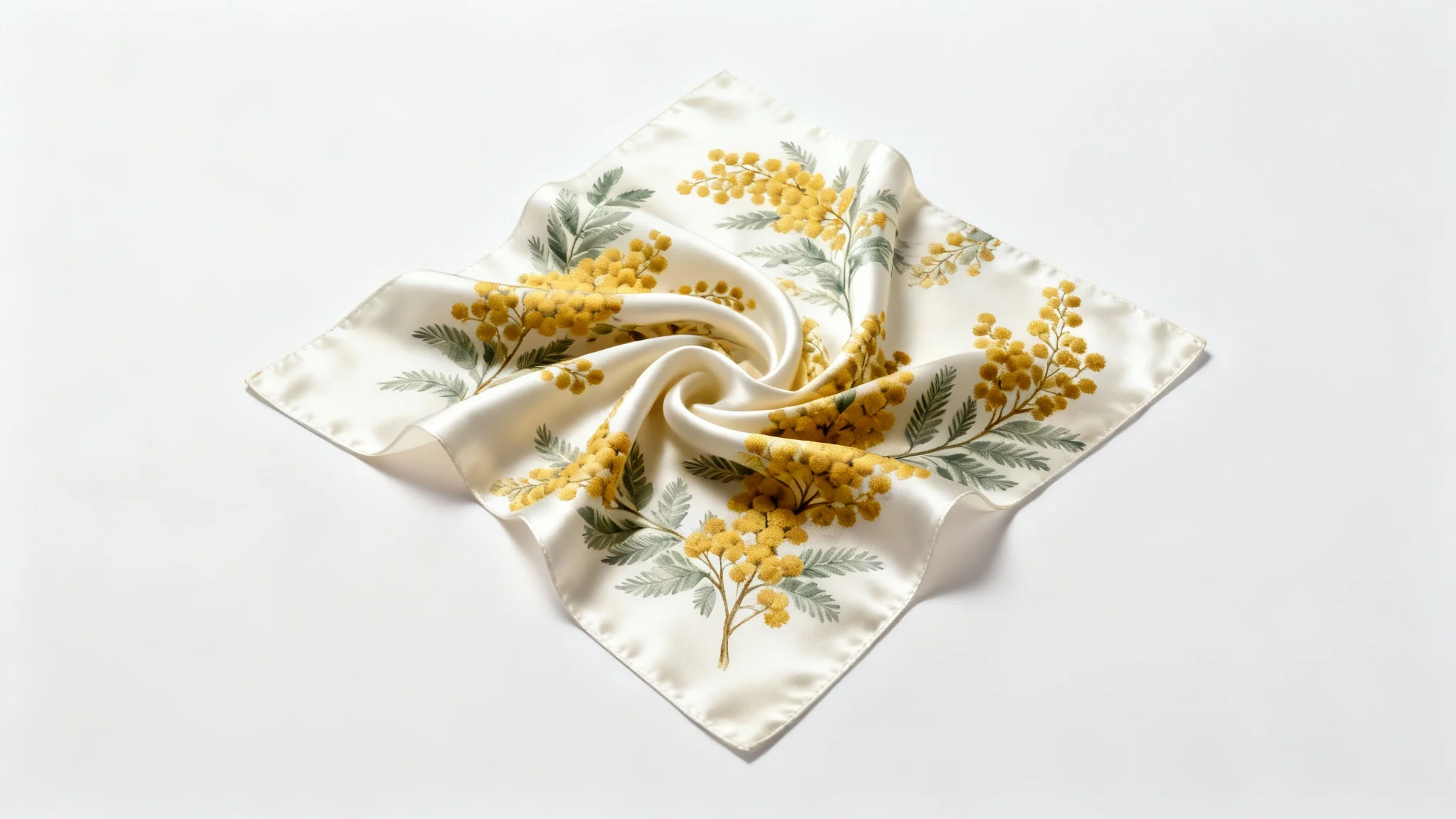 A luxurious silk scarf with a beautiful pattern of yellow flowers and green leaves, artfully draped against a clean white background to showcase its texture and design.