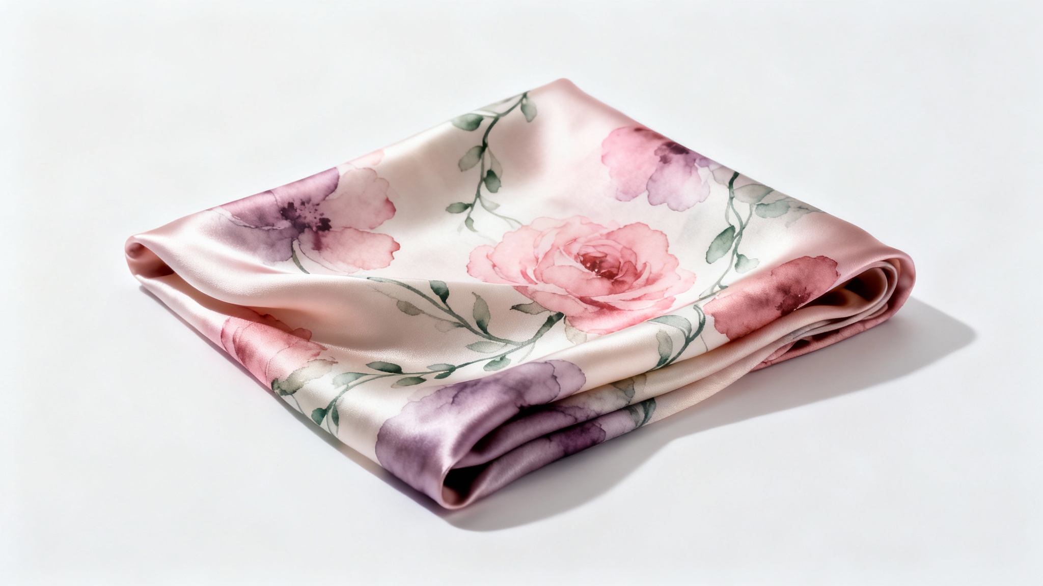 A photorealistic mockup of a high-end silk scarf with a delicate floral pattern in pink and green, elegantly draped on a clean white background.