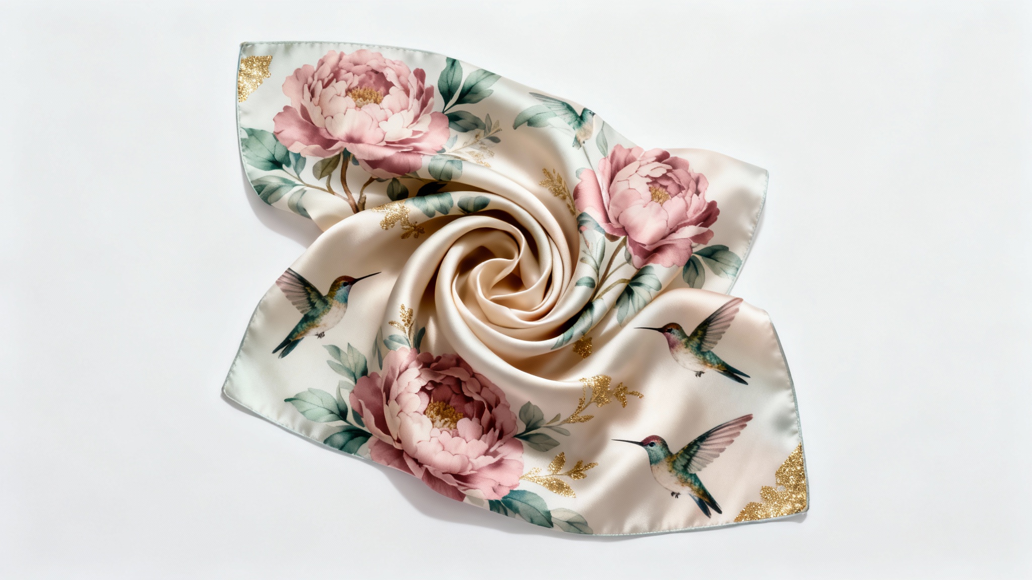 A luxurious silk scarf mockup featuring an elegant pattern of peonies and hummingbirds, artfully draped on a clean white background to showcase its texture and design.