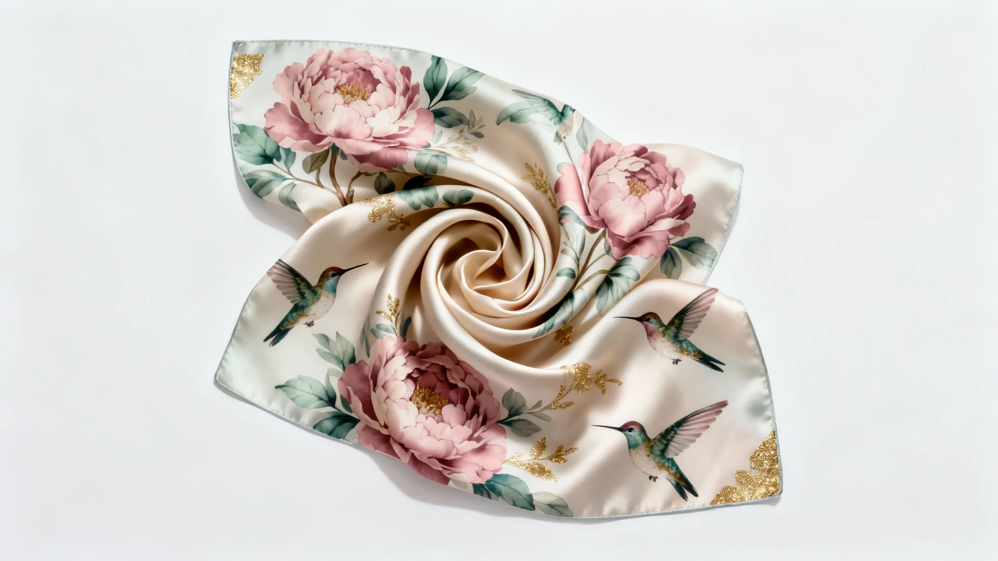 A luxurious silk scarf mockup featuring an elegant pattern of peonies and hummingbirds, artfully draped on a clean white background to showcase its texture and design.