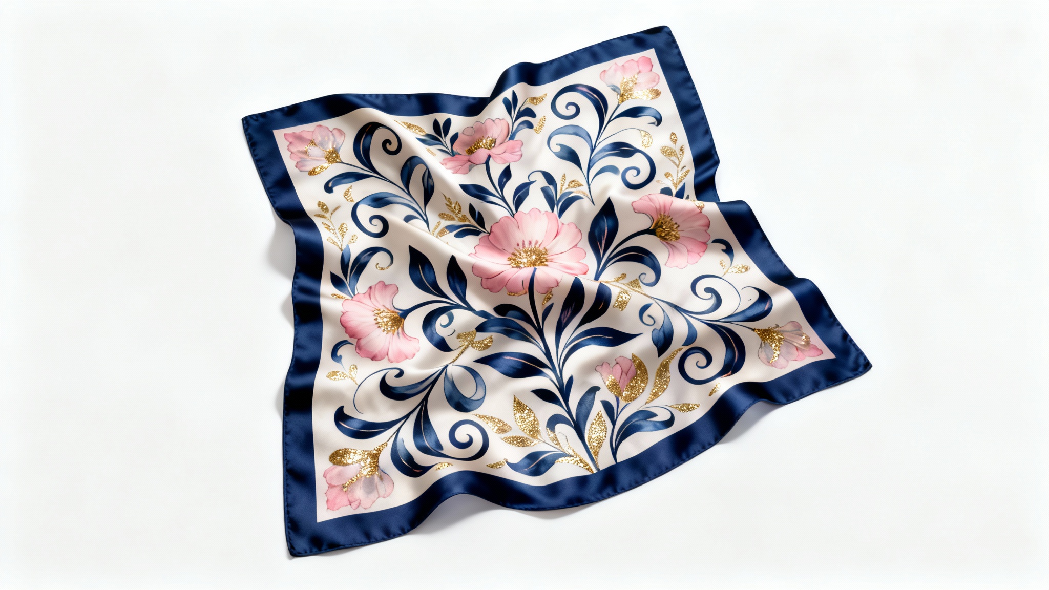 A photorealistic mockup of a luxurious silk scarf with a navy, pink, and gold floral pattern, elegantly draped on a clean white background.