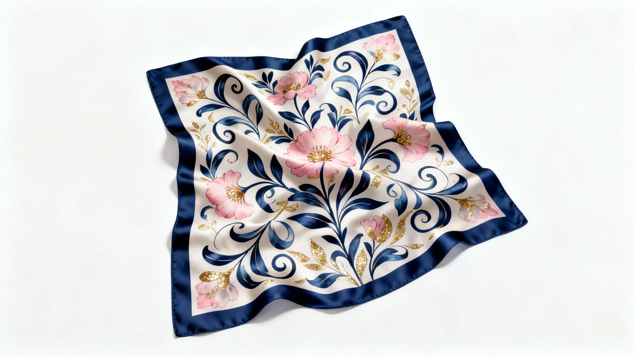 A photorealistic mockup of a luxurious silk scarf with a navy, pink, and gold floral pattern, elegantly draped on a clean white background.