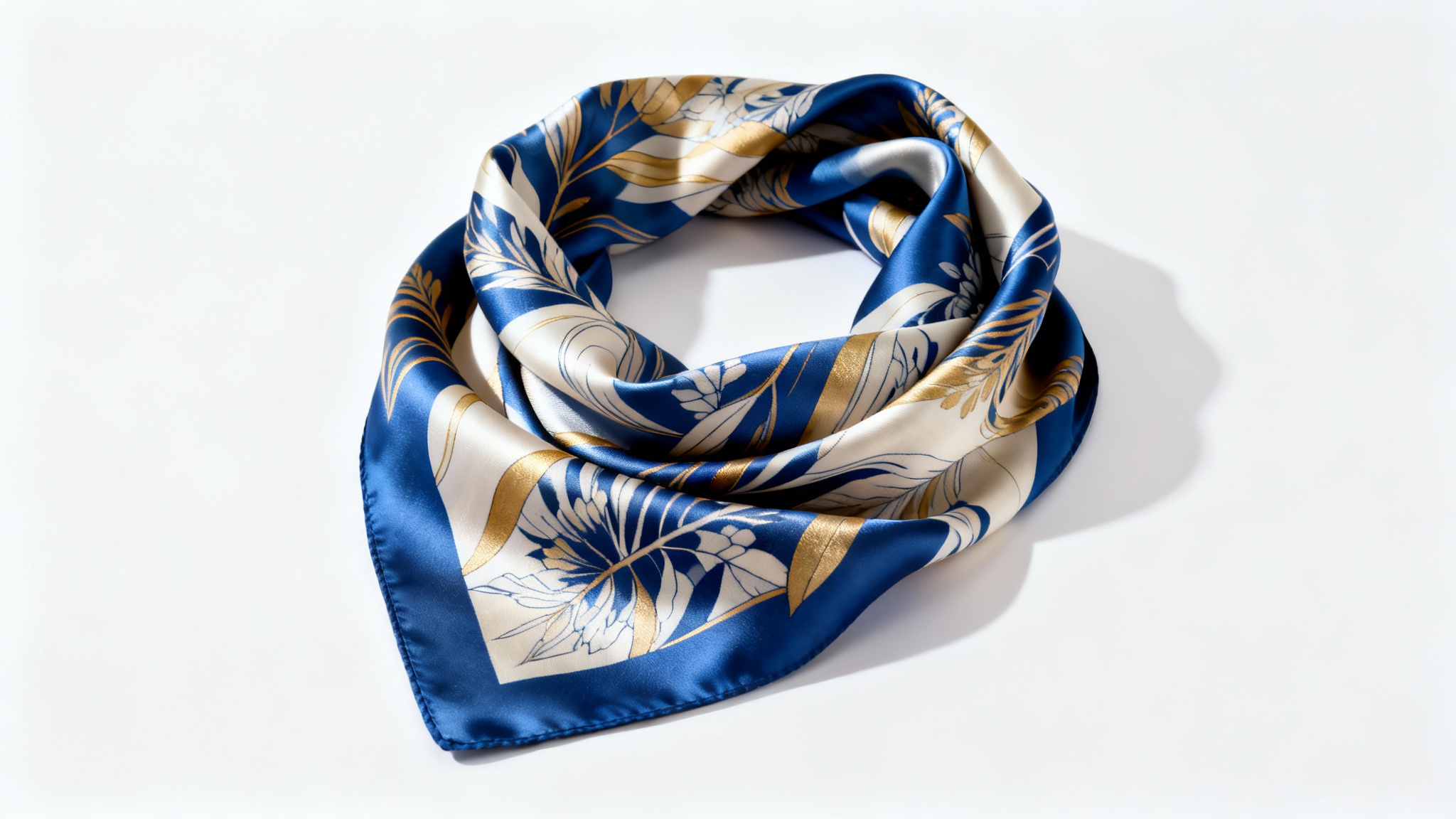 A photorealistic mockup of a luxurious silk scarf with an abstract blue, gold, and ivory botanical pattern, elegantly draped on a clean white background to showcase its shimmering texture.