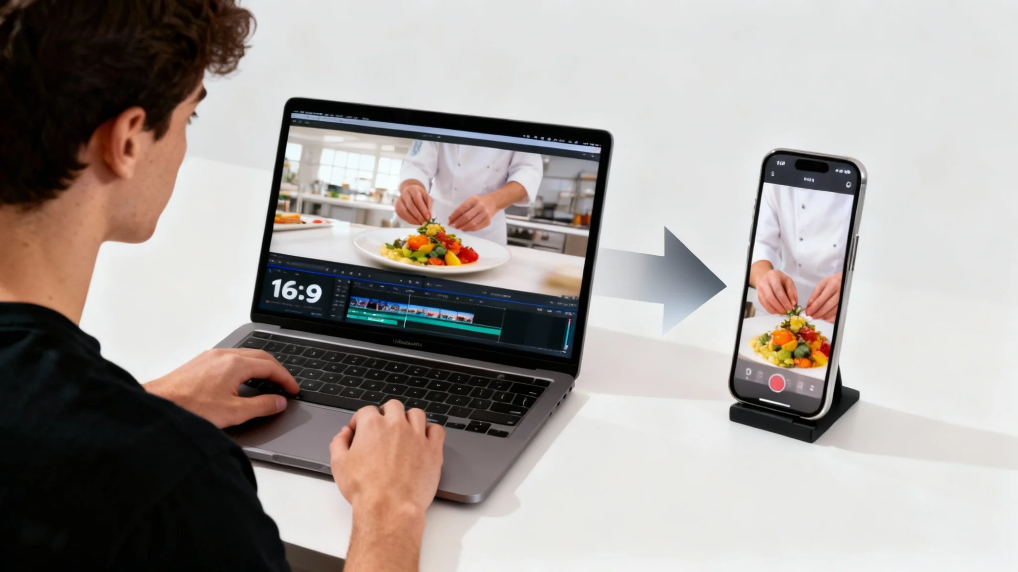 A before-and-after graphic demonstrating a video format conversion. On the left is a 16:9 horizontal video of a chef plating food. On the right is the same video repurposed into a 9:16 vertical format, perfectly framing the chef's hands and the dish for mobile viewing.