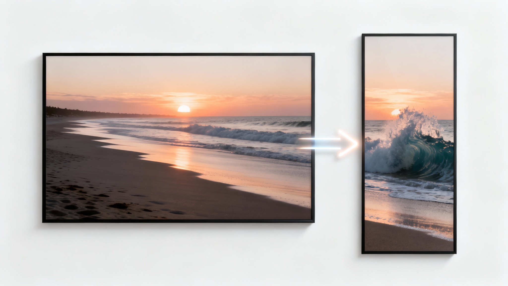 A conceptual image showing the conversion of a 16:9 landscape photo of a beach into a 9:16 portrait photo, with an arrow indicating the transformation.