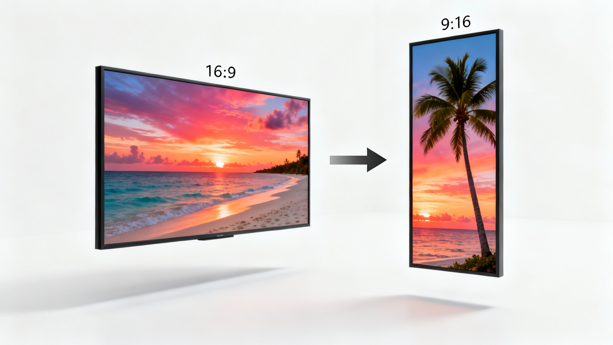 A conceptual image illustrating the conversion of a 16:9 aspect ratio to 9:16. On a white background, a wide horizontal image of a tropical beach is shown next to a tall vertical version of the same image, with an arrow pointing from the wide to the tall format.