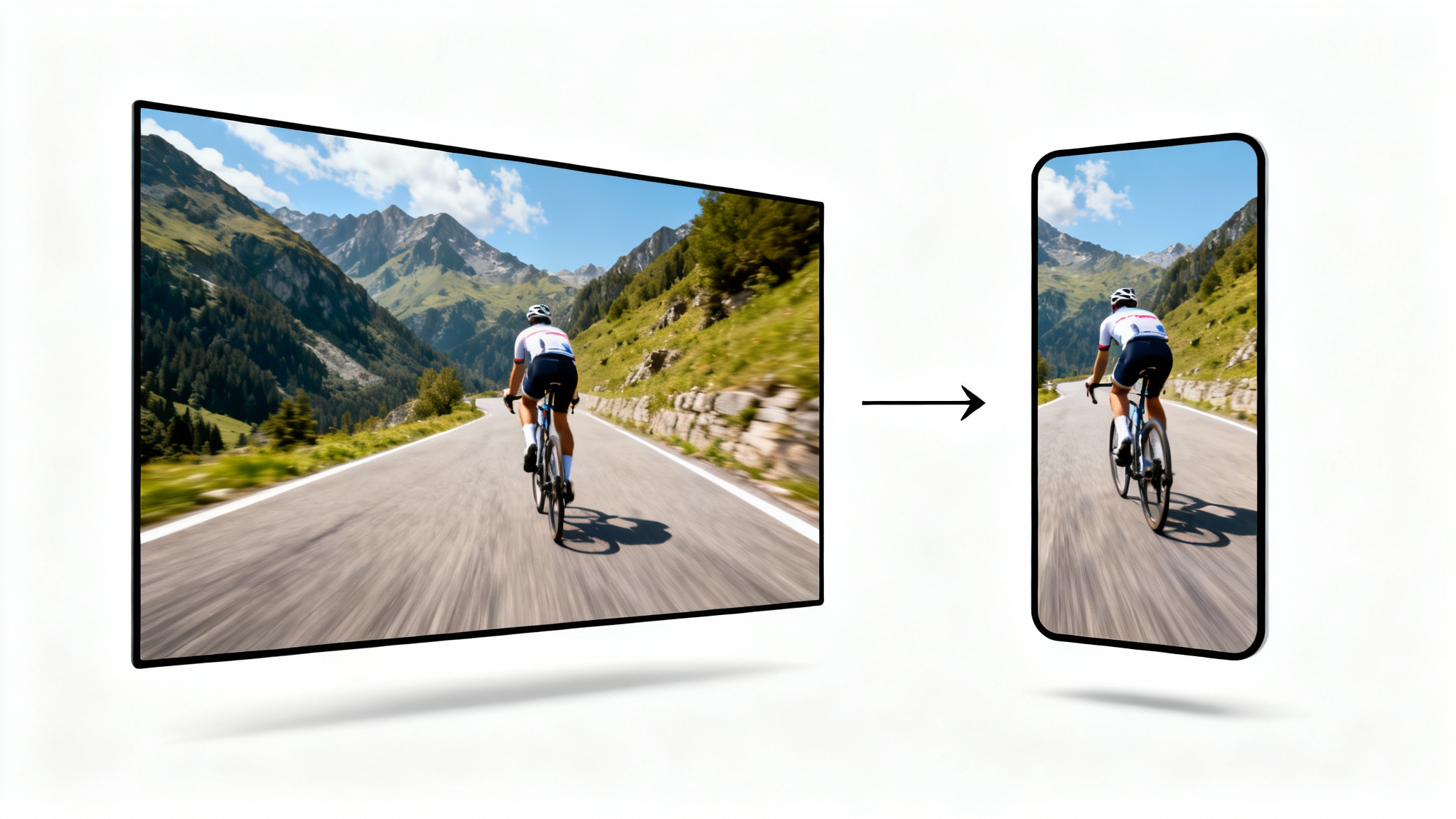 A visual representation of converting a 16:9 landscape image of a cyclist into a 9:16 portrait image, showing both formats side-by-side on a white background.