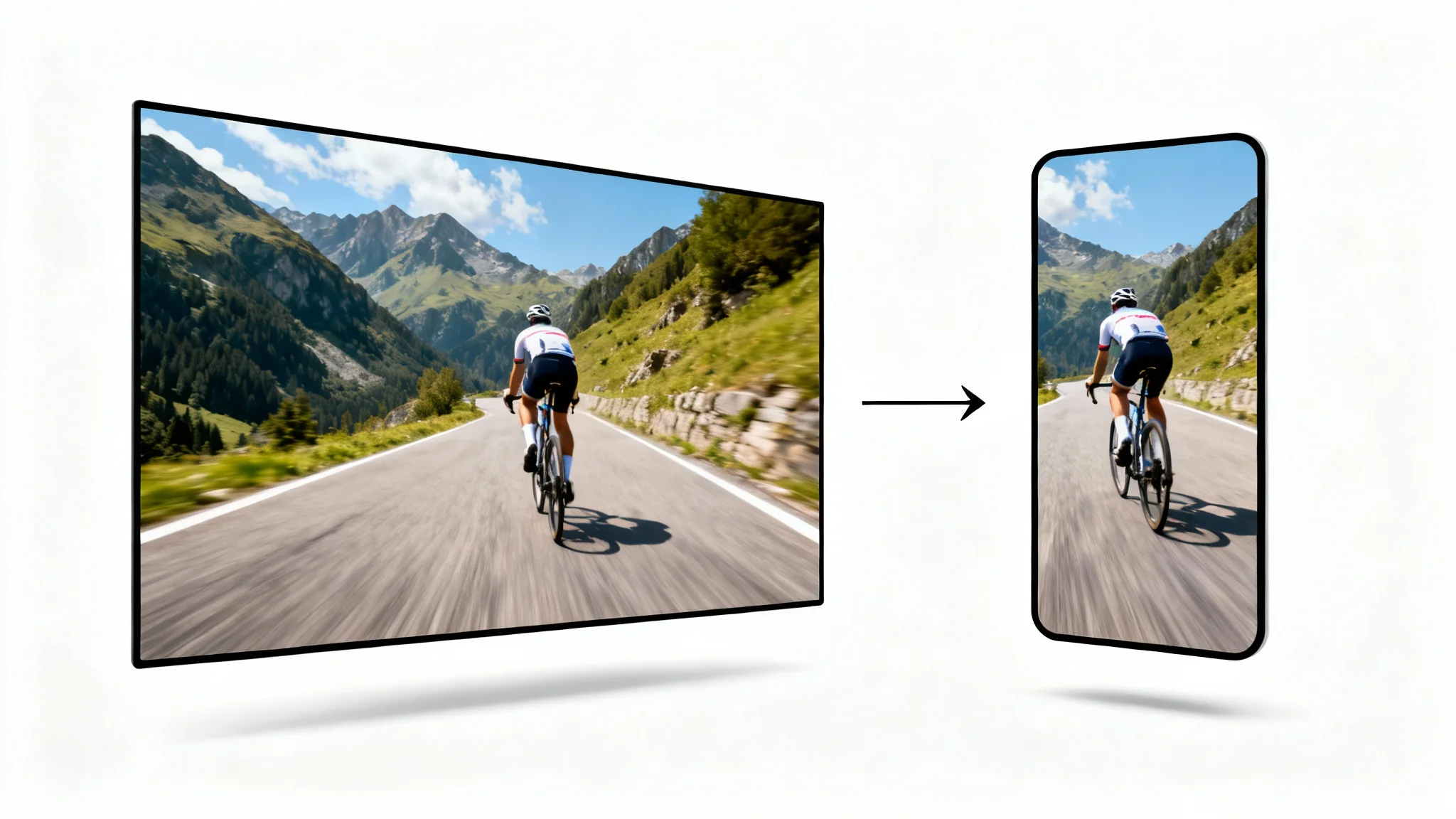 A visual representation of converting a 16:9 landscape image of a cyclist into a 9:16 portrait image, showing both formats side-by-side on a white background.