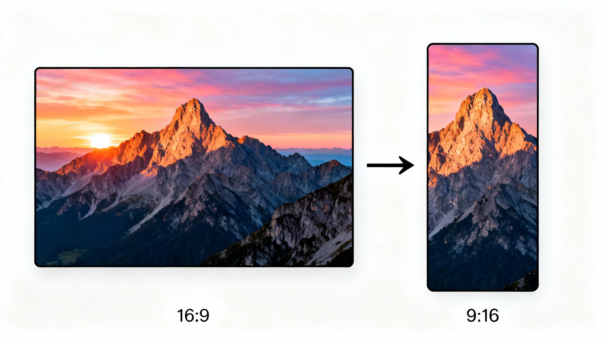 A conceptual image showing a wide 16:9 photo of a mountain range being converted into a tall 9:16 photo, with an arrow indicating the transformation.
