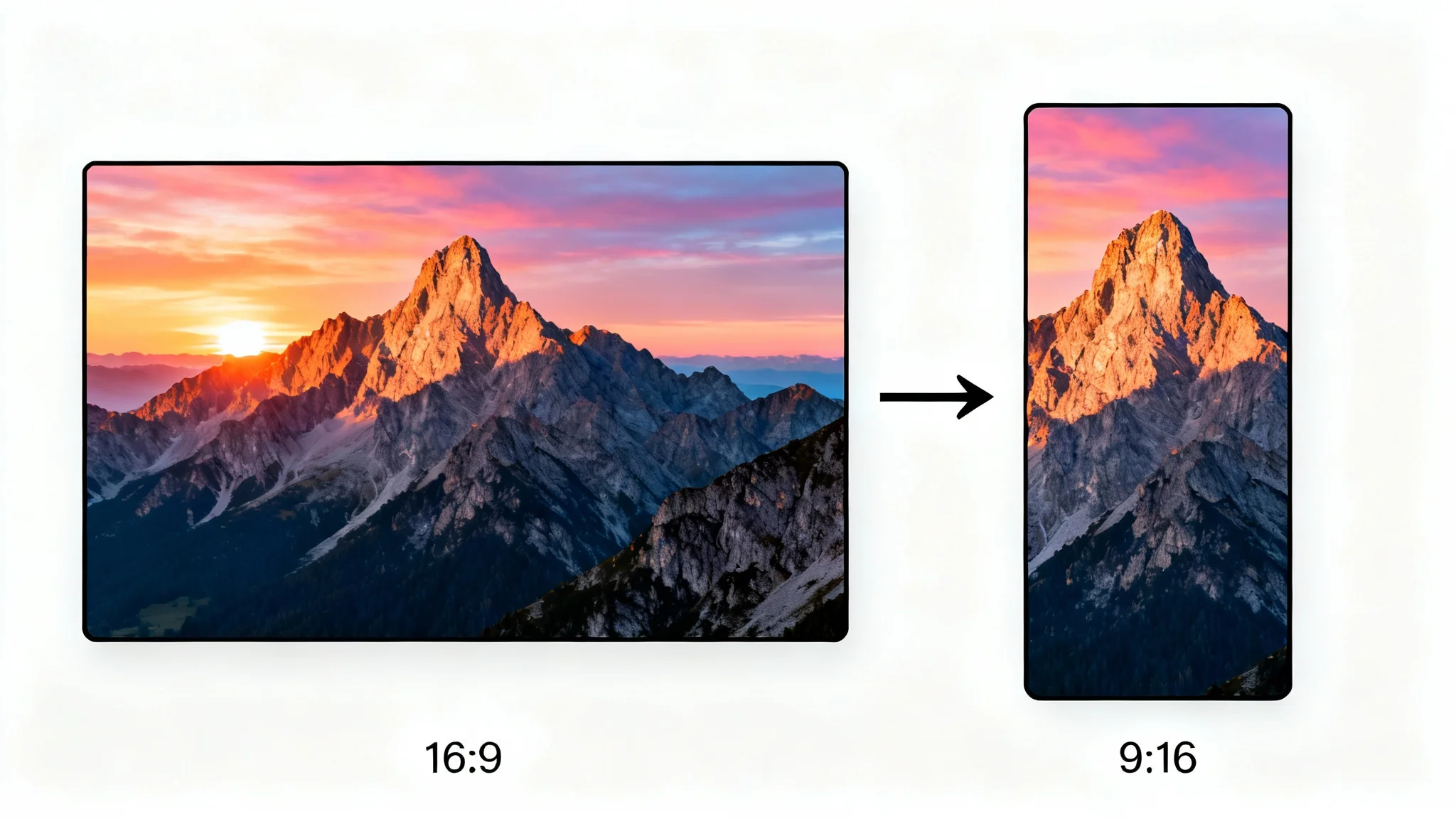 A conceptual image showing a wide 16:9 photo of a mountain range being converted into a tall 9:16 photo, with an arrow indicating the transformation.