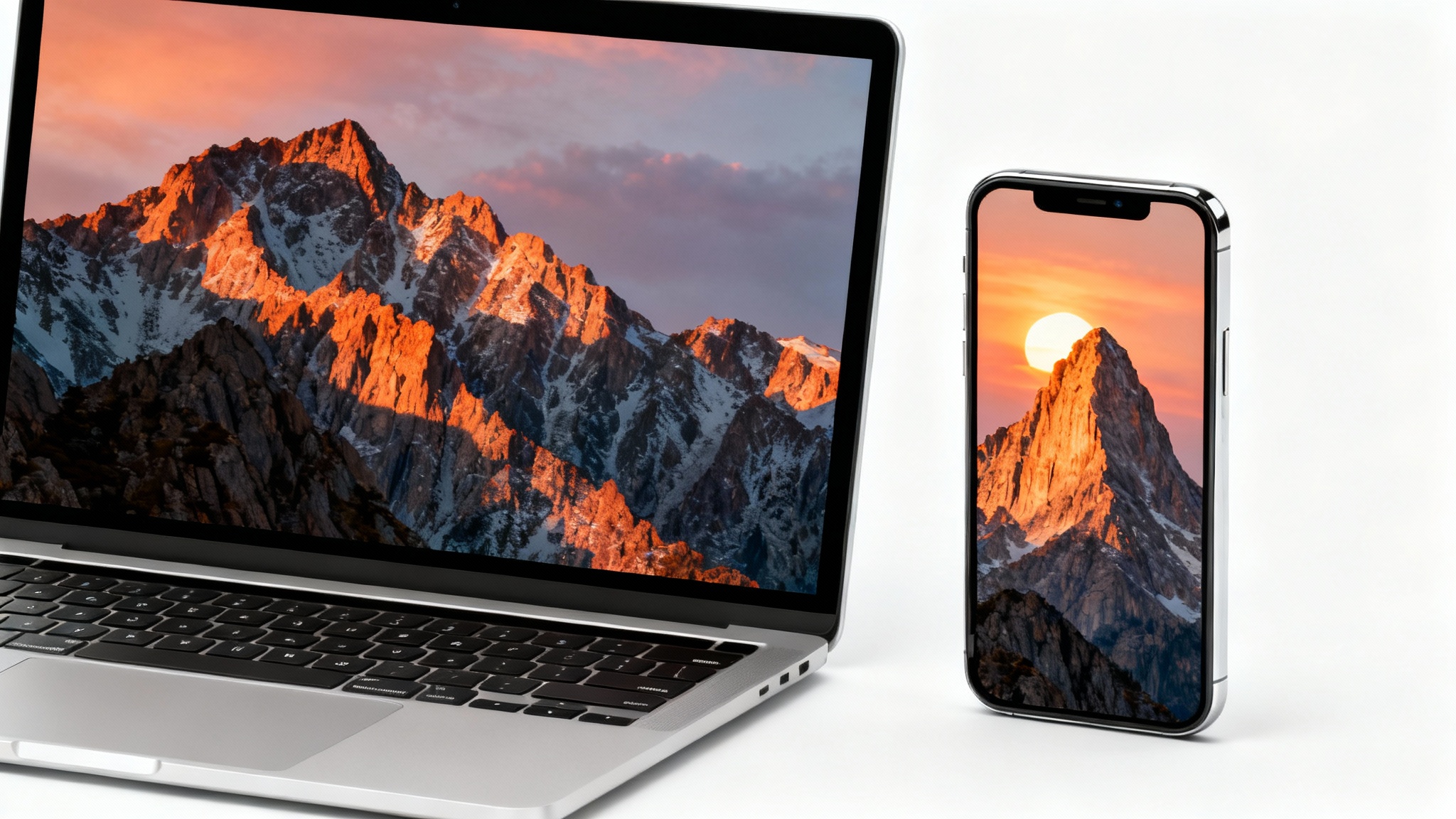 A laptop displaying a wide landscape photo next to a smartphone displaying the same photo cropped to a vertical format, illustrating the conversion from a 16:9 to a 9:16 aspect ratio.