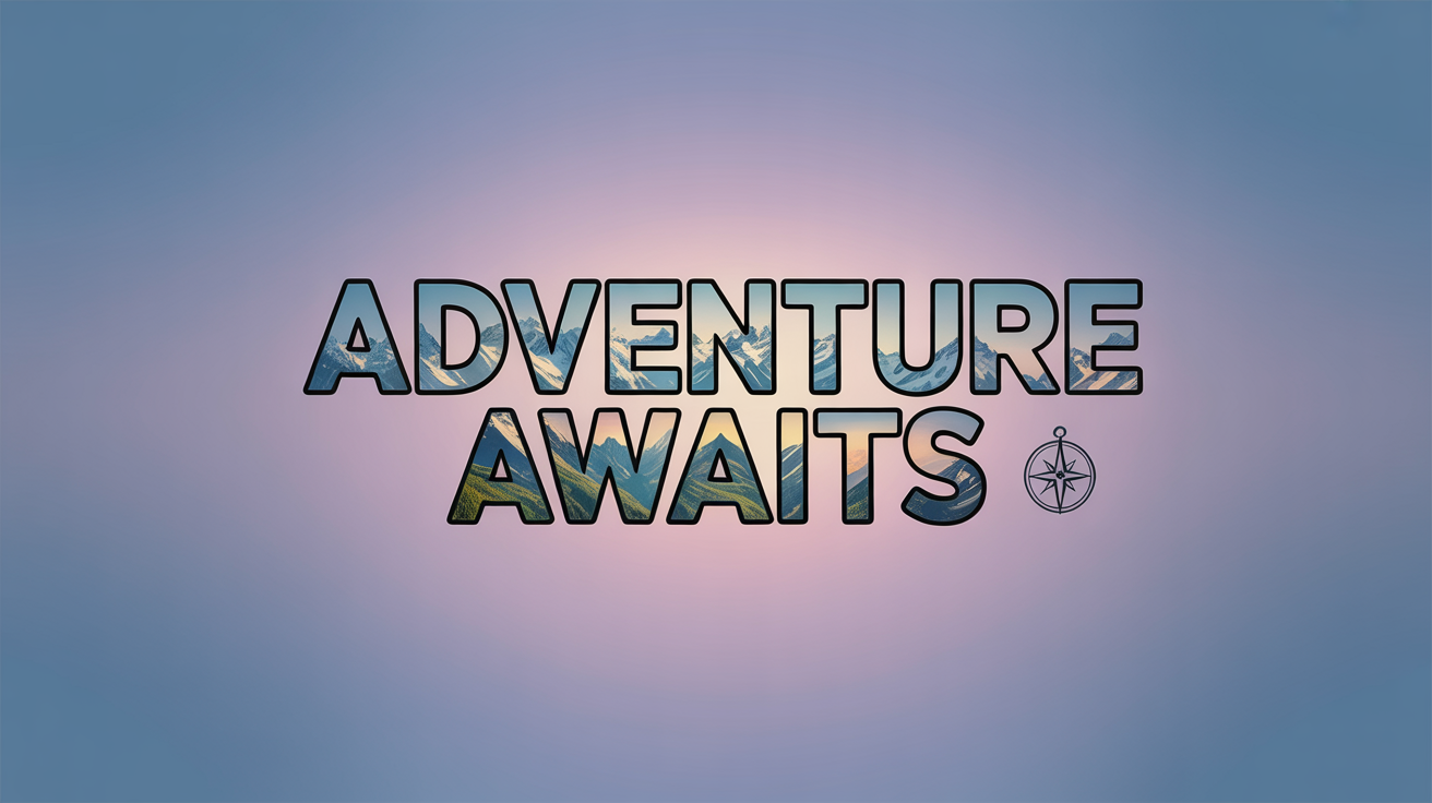 A hero image demonstrating a text mask effect where the words 'ADVENTURE AWAITS' are filled with a photorealistic image of a mountain and forest landscape at sunrise, set against a soft purple and blue gradient background.