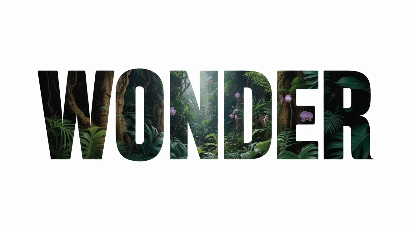 A text mask effect where the word 'WONDER' is filled with a photorealistic image of a lush tropical jungle. The typography is set against a plain white background.