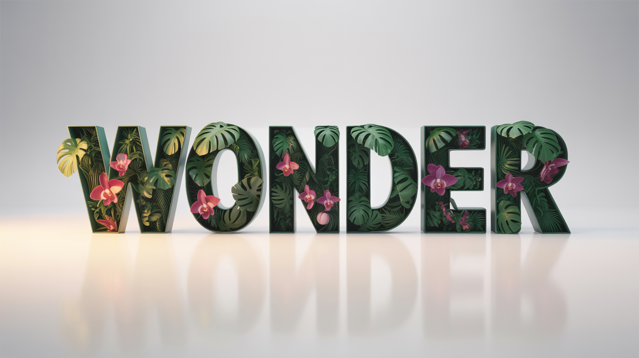 The word 'WONDER' in a bold font, with a photorealistic image of a lush tropical jungle masked inside the letters, set against a clean white background.