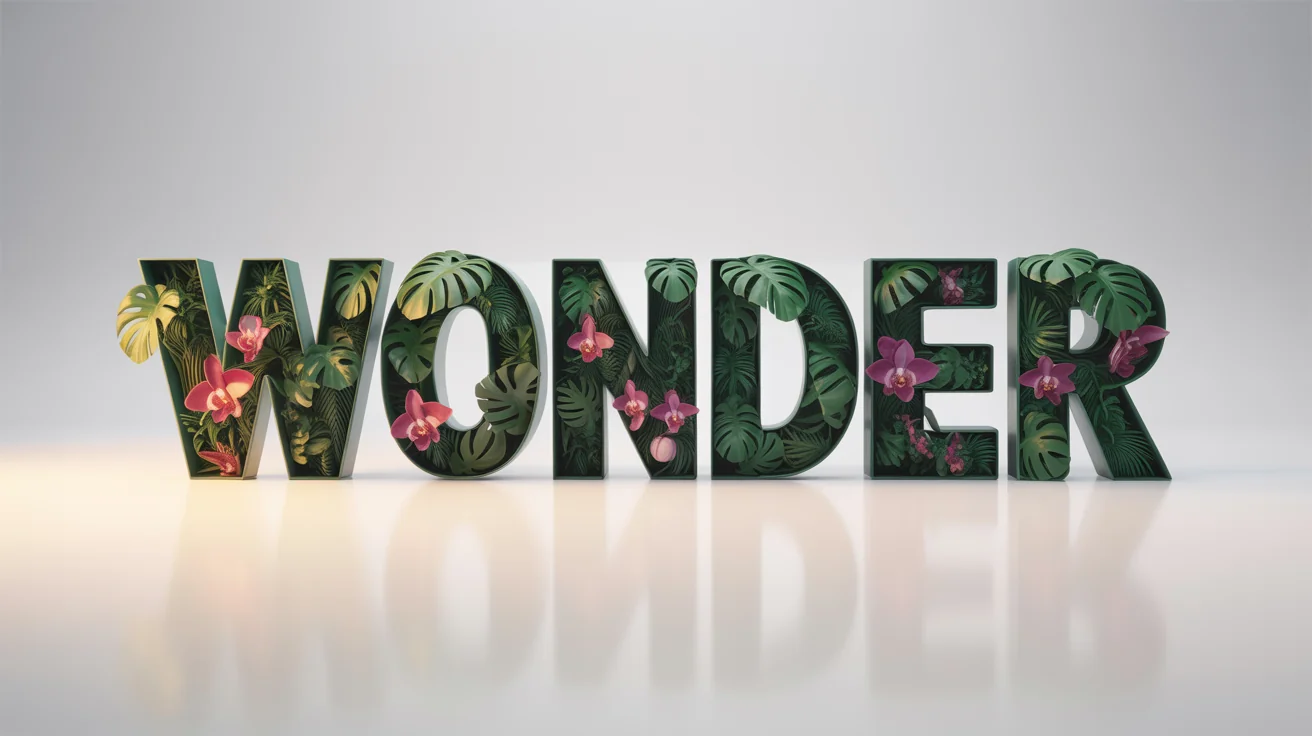 The word 'WONDER' in a bold font, with a photorealistic image of a lush tropical jungle masked inside the letters, set against a clean white background.