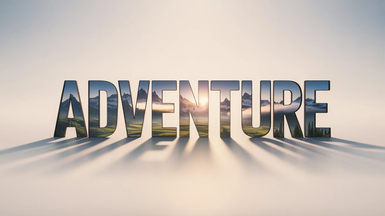 A graphic design mockup demonstrating a text mask effect. The word 'ADVENTURE' is filled with a photorealistic image of a majestic mountain landscape at sunrise, set against a plain white background.