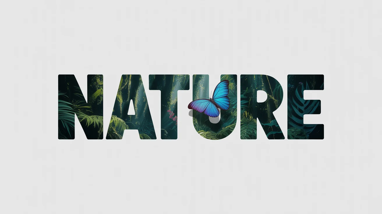 A graphic design showing the text mask effect. The word 'NATURE' is filled with a photorealistic image of a lush jungle, set against a plain white background.