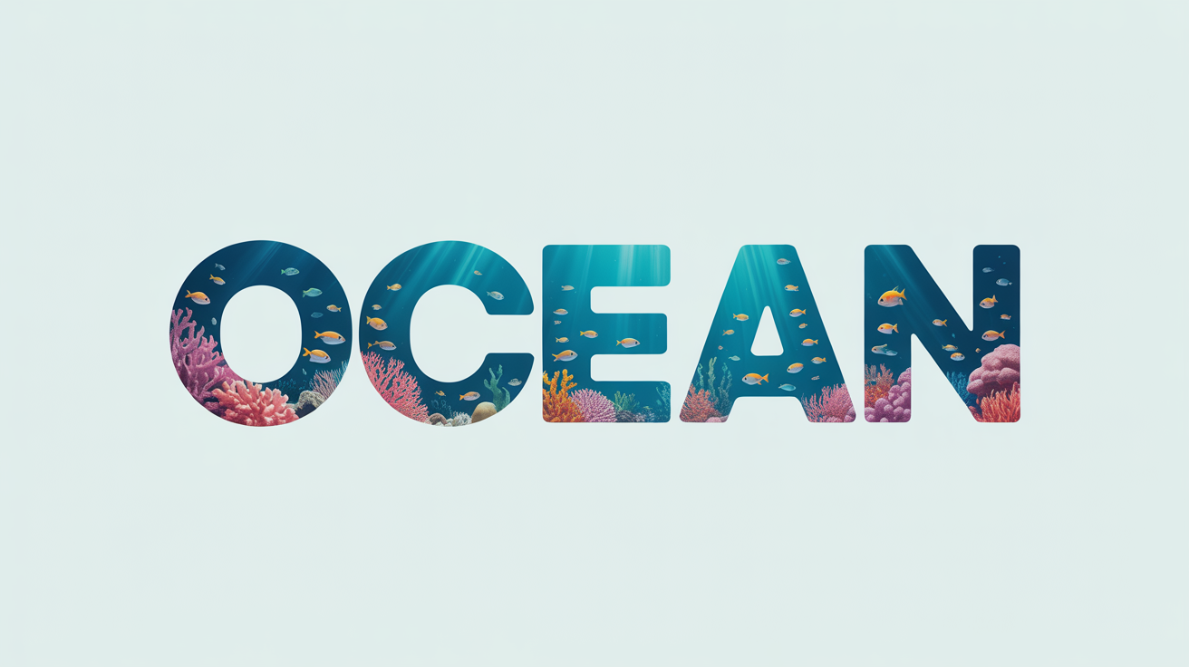 The word 'OCEAN' in a bold font, with a photorealistic, colorful underwater coral reef scene visible through the letters, set against a plain white background, illustrating a text mask effect.