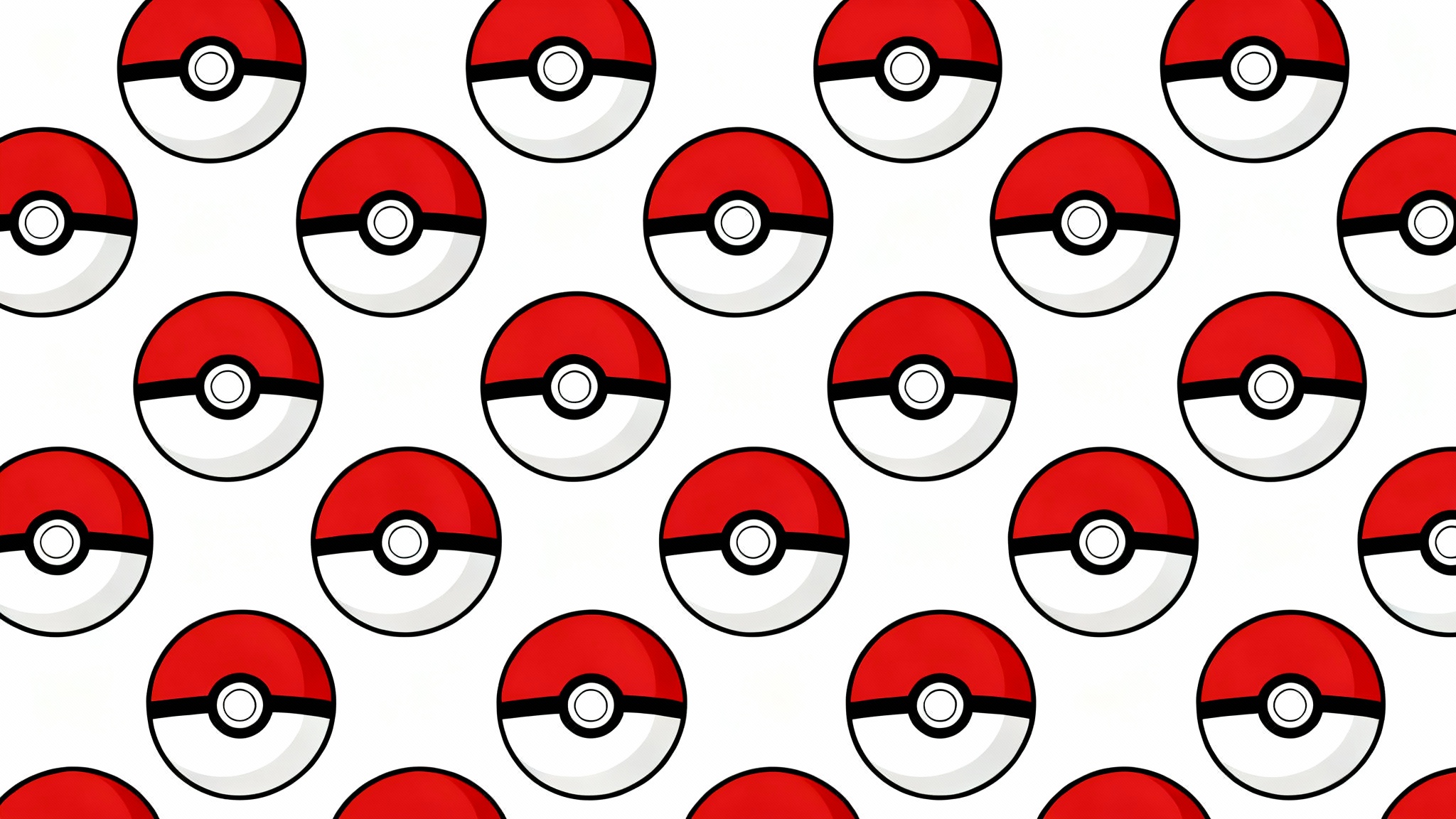 A seamless, repeating pattern of classic red and white Pokeballs arranged neatly on a clean white background.