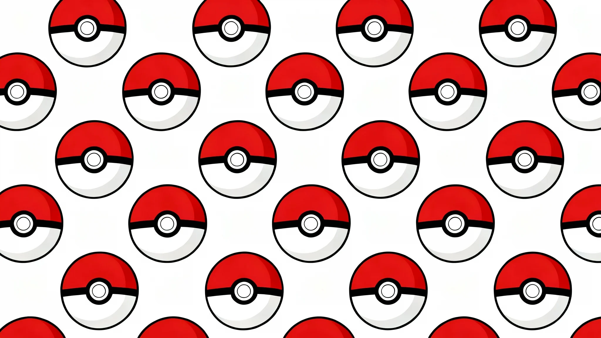 A seamless, repeating pattern of classic red and white Pokeballs arranged neatly on a clean white background.